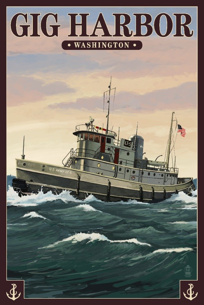 Gig Harbor Washington Tugboat Sunset Art Print - 36x54 Giclee Gallery Quality Wall Decor, Travel Poster for Living Room, Office & Coastal Home Decor