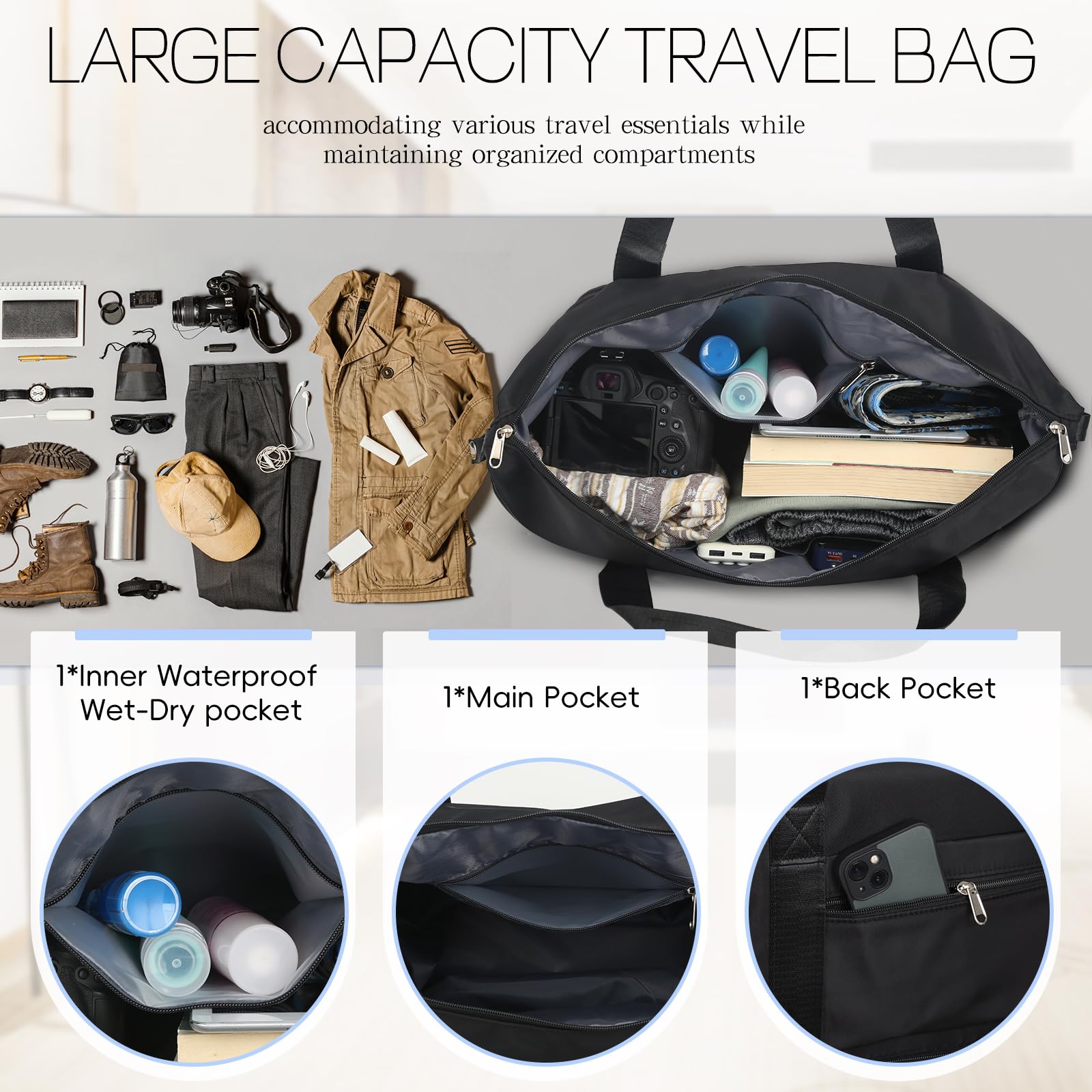 VOOWO Expandable Rolling Duffel Bag with Wheels - Large Foldable Wheeled Travel Duffle for Carry On Luggage, Overnight Weekender Bag - Perfect for Air Travel, Gym, Camping & Weekend Getaways (Black)
