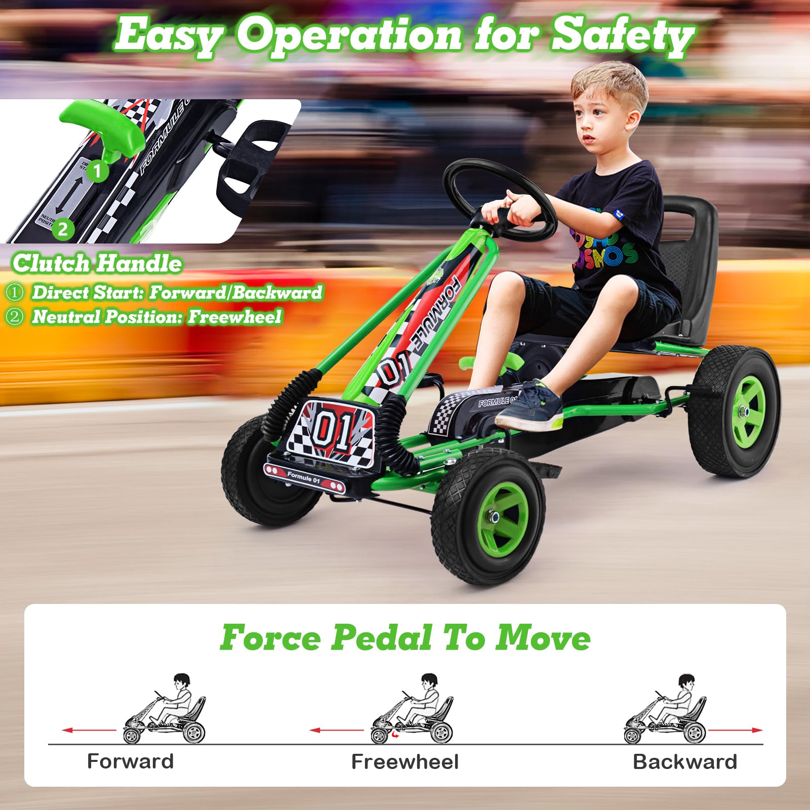 **HONEY JOY Kids Go Kart - Adjustable Seat, Safety Brakes & EVA Tires - Green Pedal-Powered Ride-On Car for Outdoor Play and Backyard Fun**
