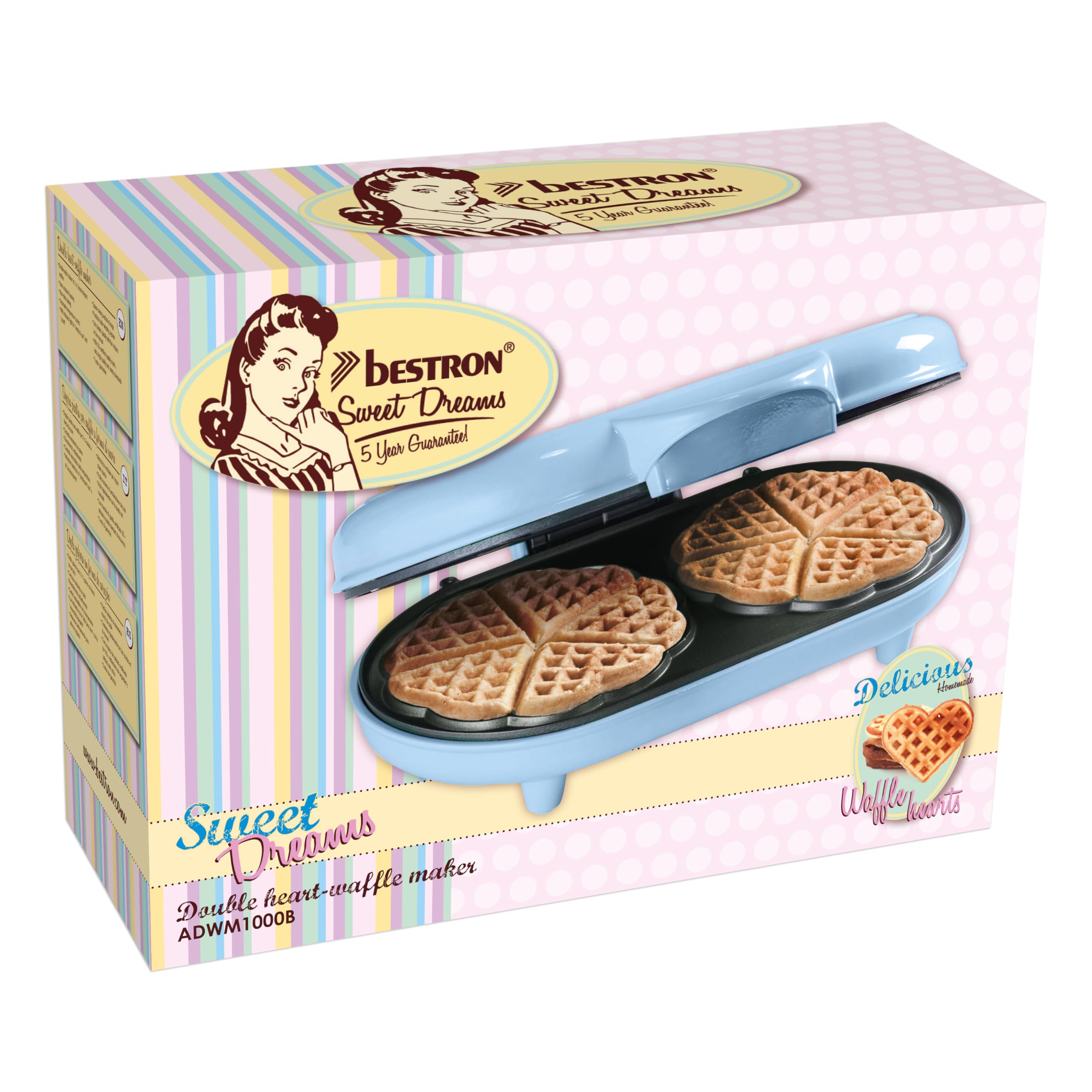 Bestron Heart-Shaped Double Waffle Maker - Non-Stick Surface & LED Indicator, Sweet Dreams Collection, 700W, Blue - Perfect for Romantic Breakfasts, Family Brunches & Valentine's Day Gifts