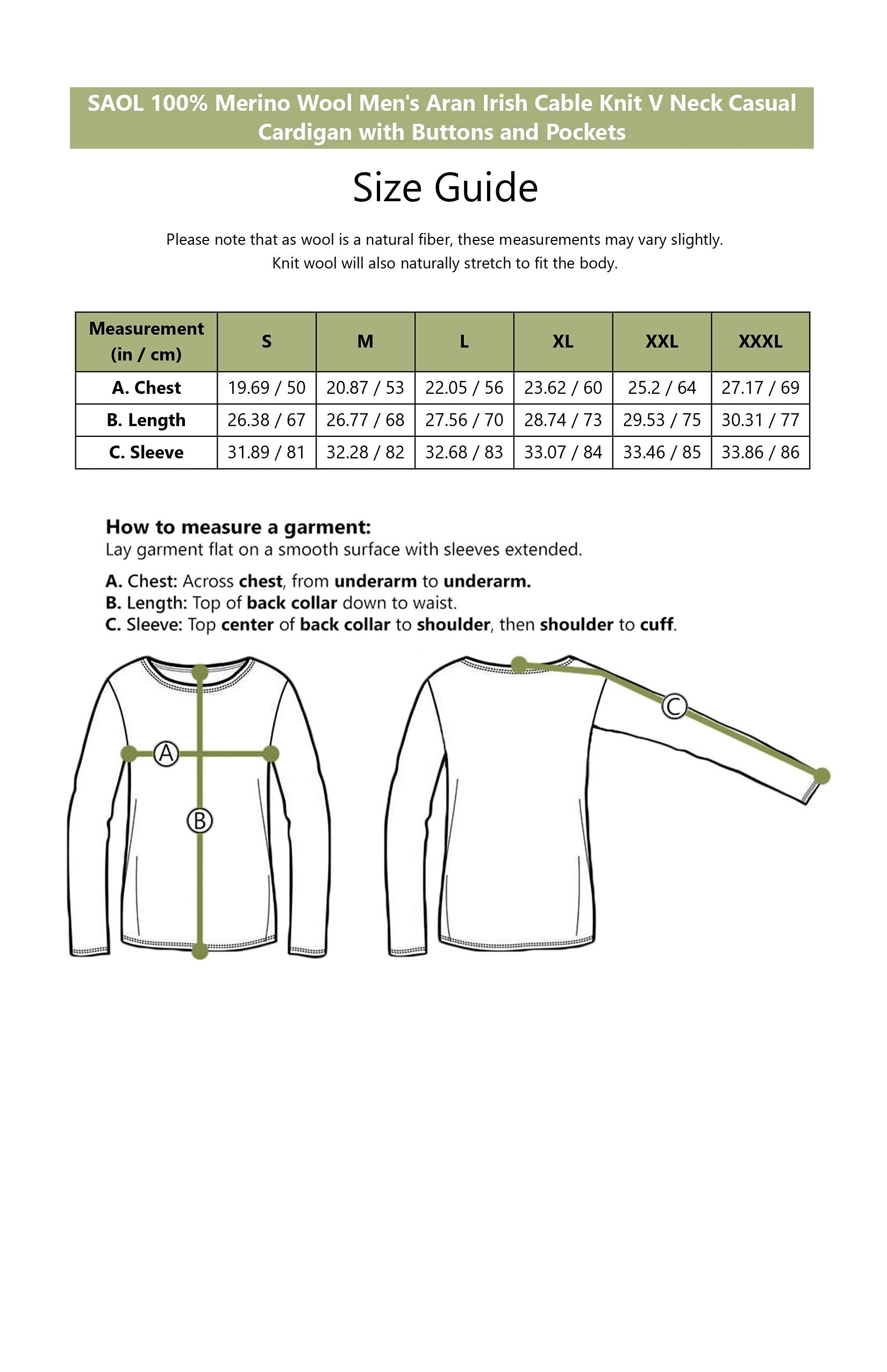 SAOL 100% Merino Wool Men's Aran Cable Knit V-Neck Cardigan Sweater - Irish Style Button-Up Casual Pullover with Pockets - Perfect for Fall, Winter & Office Wear