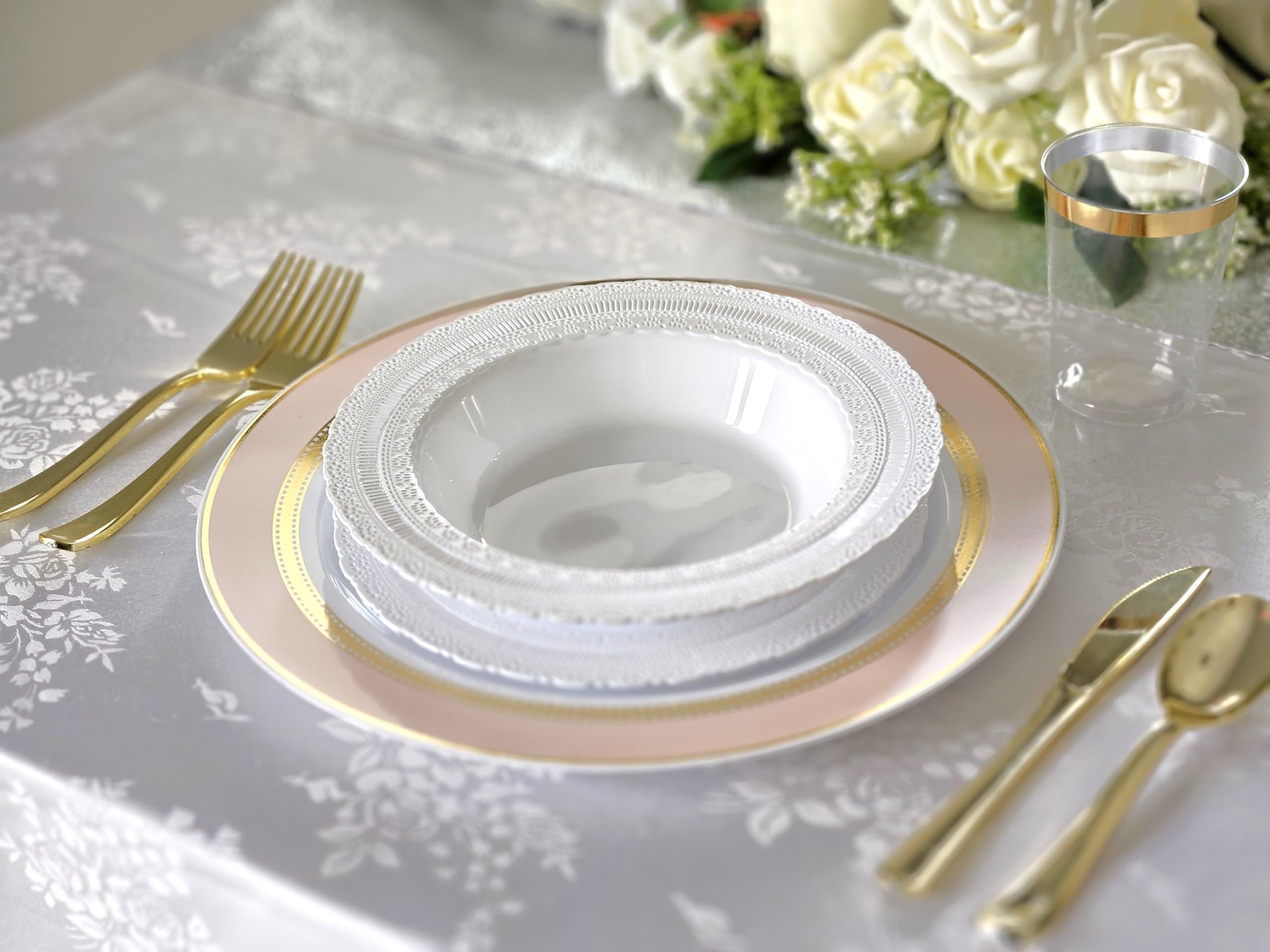 240 Heavyweight Disposable Plastic Plates for Weddings & Parties - 10.5'' Elegant Dinner Plates in Ritz Blush & Gold - Perfect for Formal Events, Catering & Special Occasions