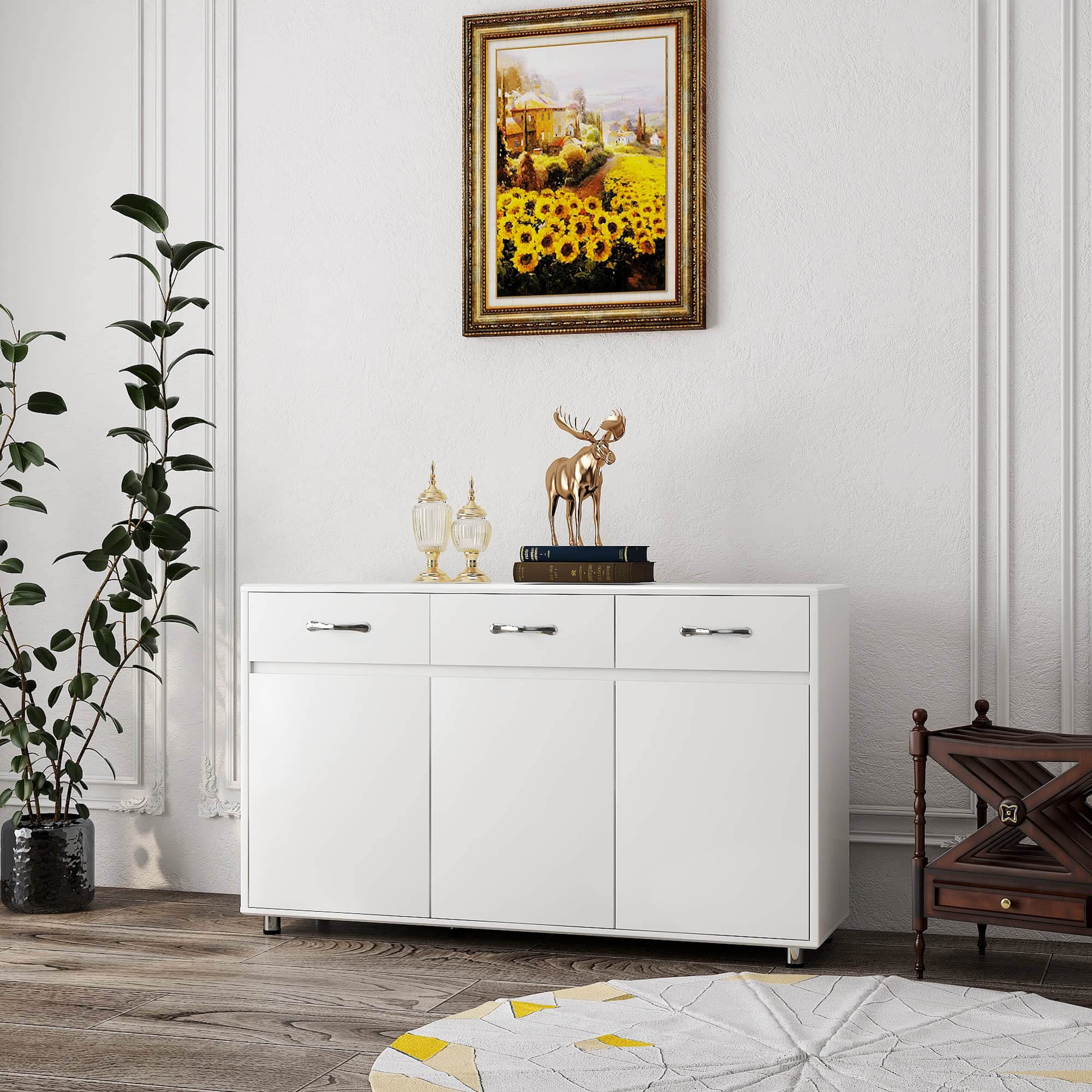 White Wooden Storage Cabinet with 3 Doors & 3 Drawers - Side Cabinet for Living Room, Bedroom, or Office Organization