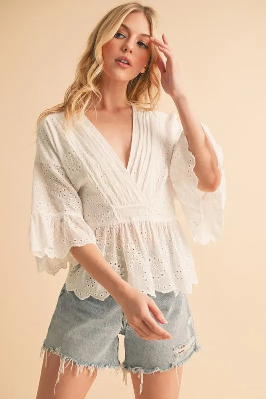 Flounce Sleeve Eyelet Peplum Top for Women - Elegant Summer Blouse with Ruffled Hem & Lace Details | Perfect for Casual Outings, Date Nights & Office Wear