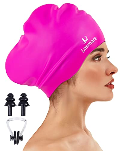 Extra Large Silicone Swim Cap for Long Thick Hair - Waterproof Swimming Cap with Ear Plugs & Nose Clip Set for Women & Men (Rose Red) | Keep Hair Dry in Pool, Beach & Water Sports