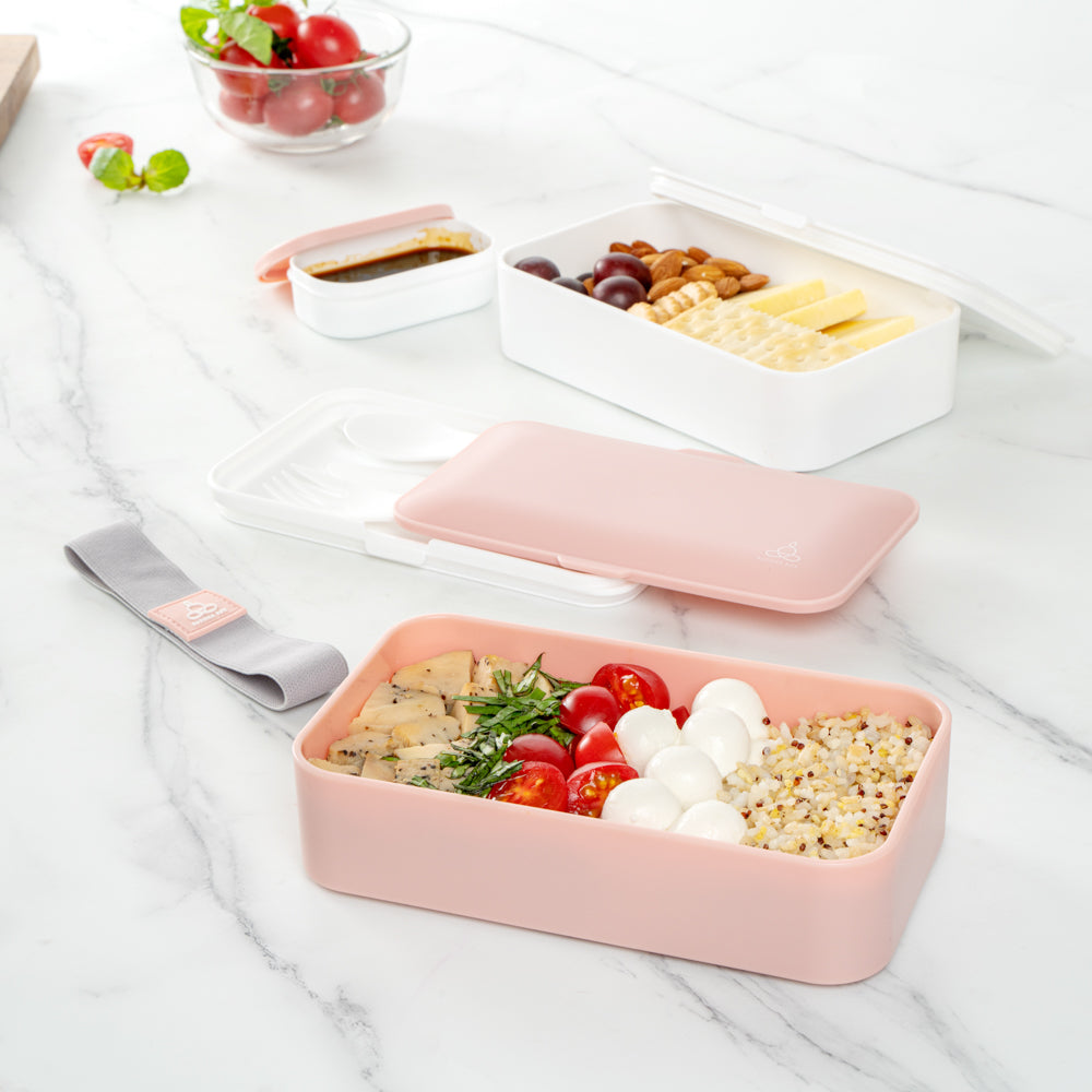 Bento Tek 41 oz Pink and White Buddha Lunch Box with Utensils & Sauce Cup | All-in-One Meal Prep Container | 7.25