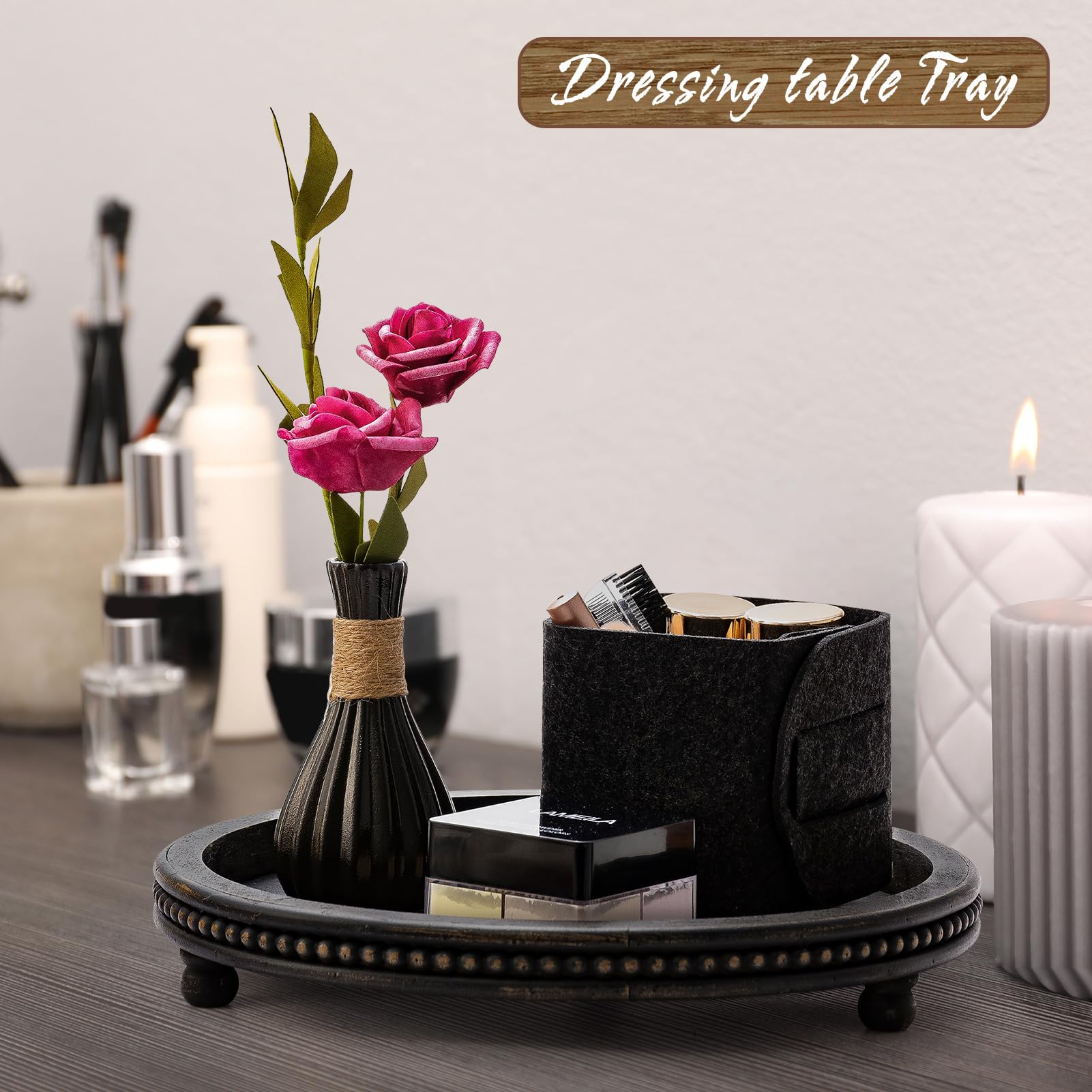 KULEDM Black Round Wooden Tray with Beaded Design - Decorative Coffee Table Tray for Living Room, Dining Table & Entryway | Perfect for Serving Drinks, Displaying Decor & Organizing Essentials