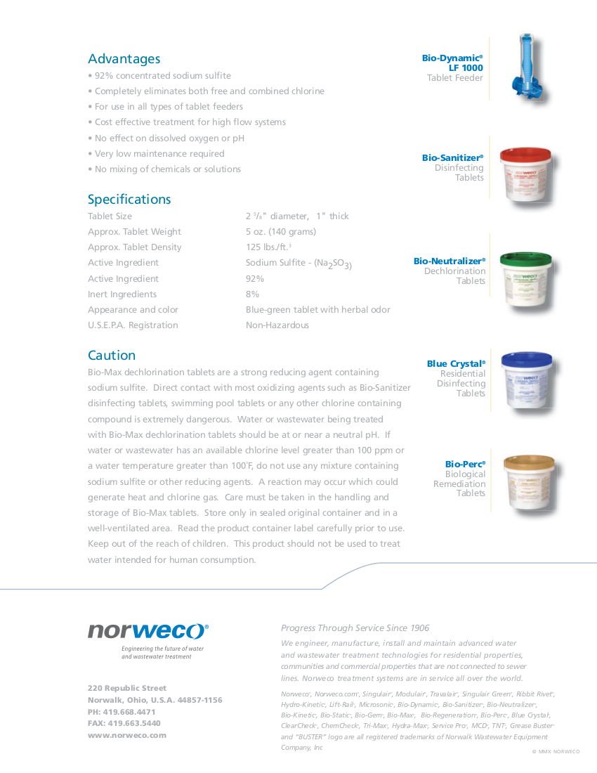 Norweco Bio-Max Dechlorination Tablets 48lb - 92% Sodium Sulfite for Swimming Pools, Hot Tubs & Water Treatment Systems