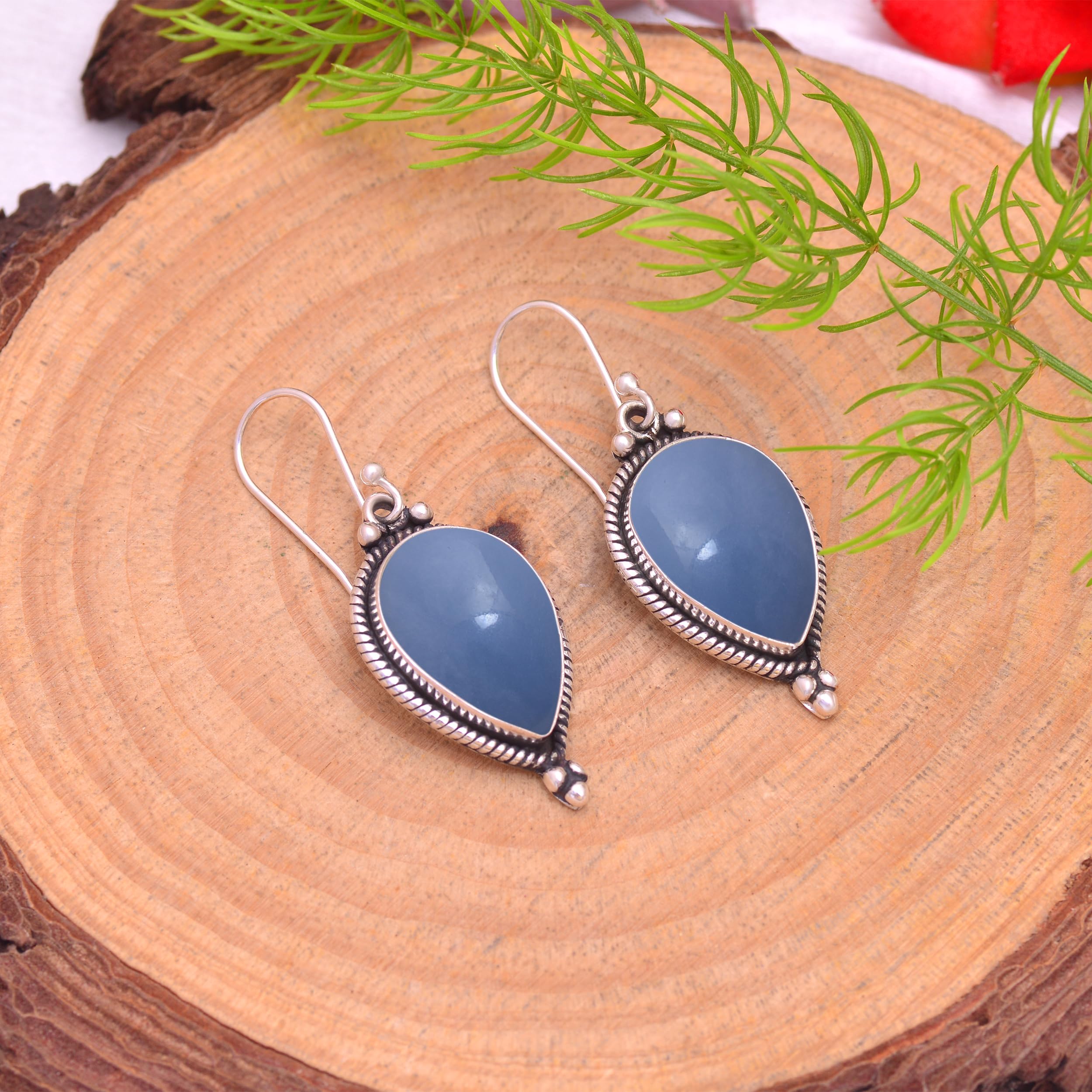 Veracity Jewelry Angelite Earrings for Women - 925 Sterling Silver Dangle Earrings with Blue Angelite Gemstone for Inner Peace & Healing - Handmade Spiritual Jewelry Gift for Meditation, Yoga & Positive Energy
