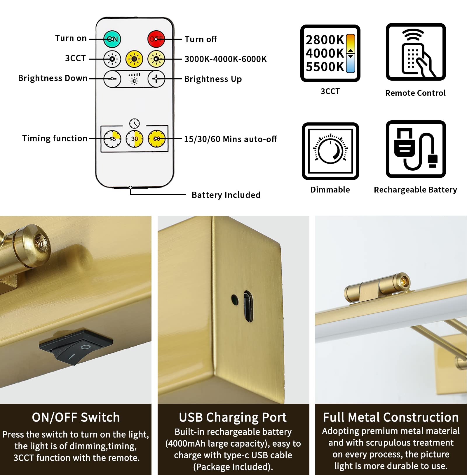 JUSHENG 16'' Wireless Picture Light with Remote & Timer - Rechargeable Battery Operated Swing Arm Art Light for Frame Artwork, Gallery Display - Golden Brass Finish | Perfect for Home Decor, Museums & Art Exhibitions