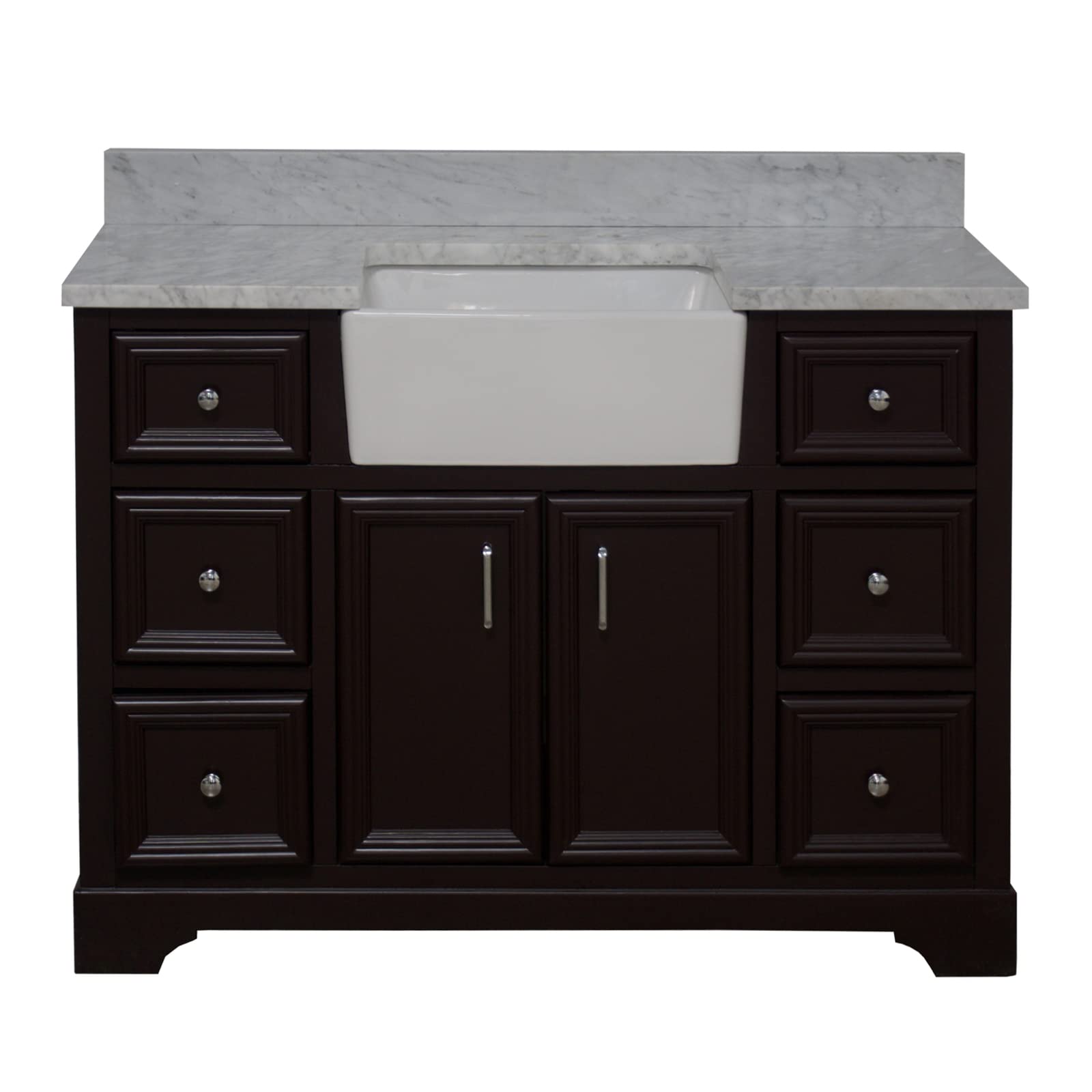 48-inch Farmhouse Vanity with Carrara Marble Top & Apron Sink - Rustic Bathroom Vanity Set with Chocolate Wood Cabinet & White Ceramic Sink for Modern Farmhouse, Cottage, or Vintage Style Bathrooms