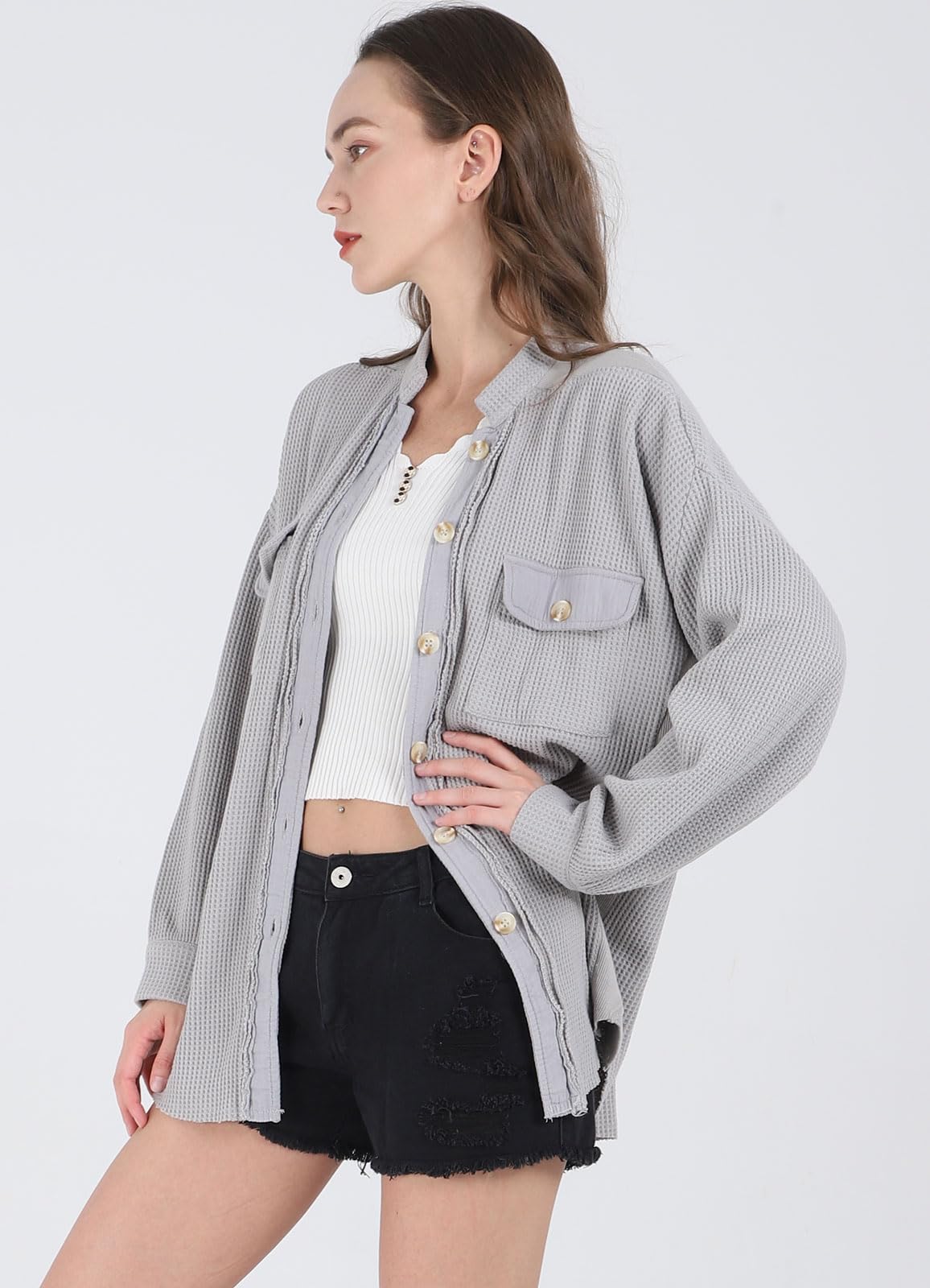 Loveimgs Women's Oversized Waffle Knit Corduroy Shacket - Long Sleeve Button Down Shirt Jacket for Fall | Casual Outerwear, Layering Piece & Streetwear Fashion