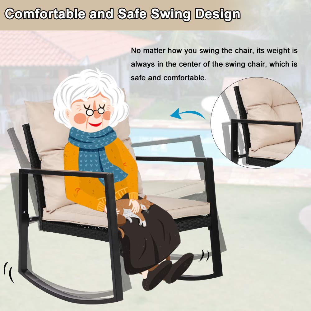 DKeli 3-Piece Outdoor Rocking Chair Set - Modern Wicker Patio Furniture with Thick Cushions & Glass Coffee Table - Rattan Bistro Conversation Set for Backyard, Porch, Poolside, Garden, and Lawn Relaxation