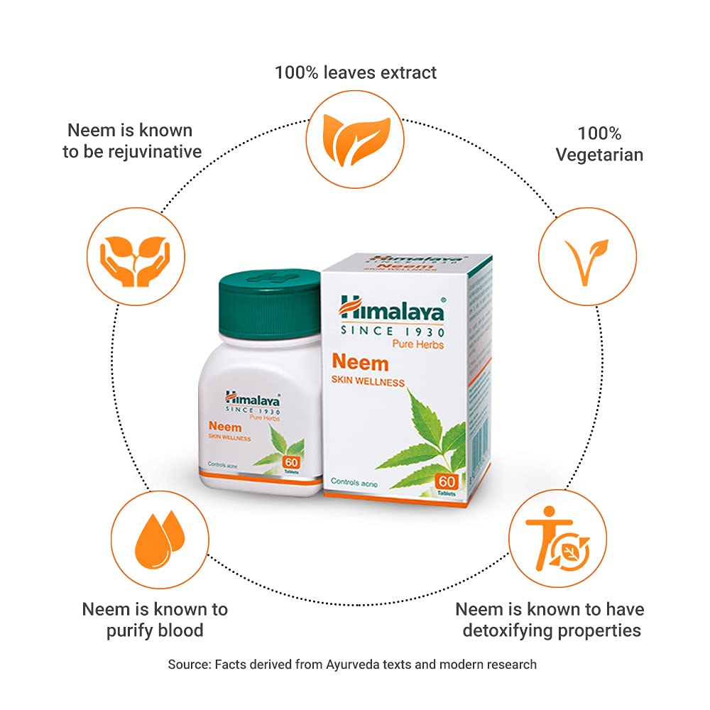 Himalaya Wellness Neem Tablets - 60 Count | Pure Herbal Supplement for Healthy Skin & Detox | Supports Clear Complexion & Immune System | Perfect for Daily Wellness Routine & Natural Skincare Regimen