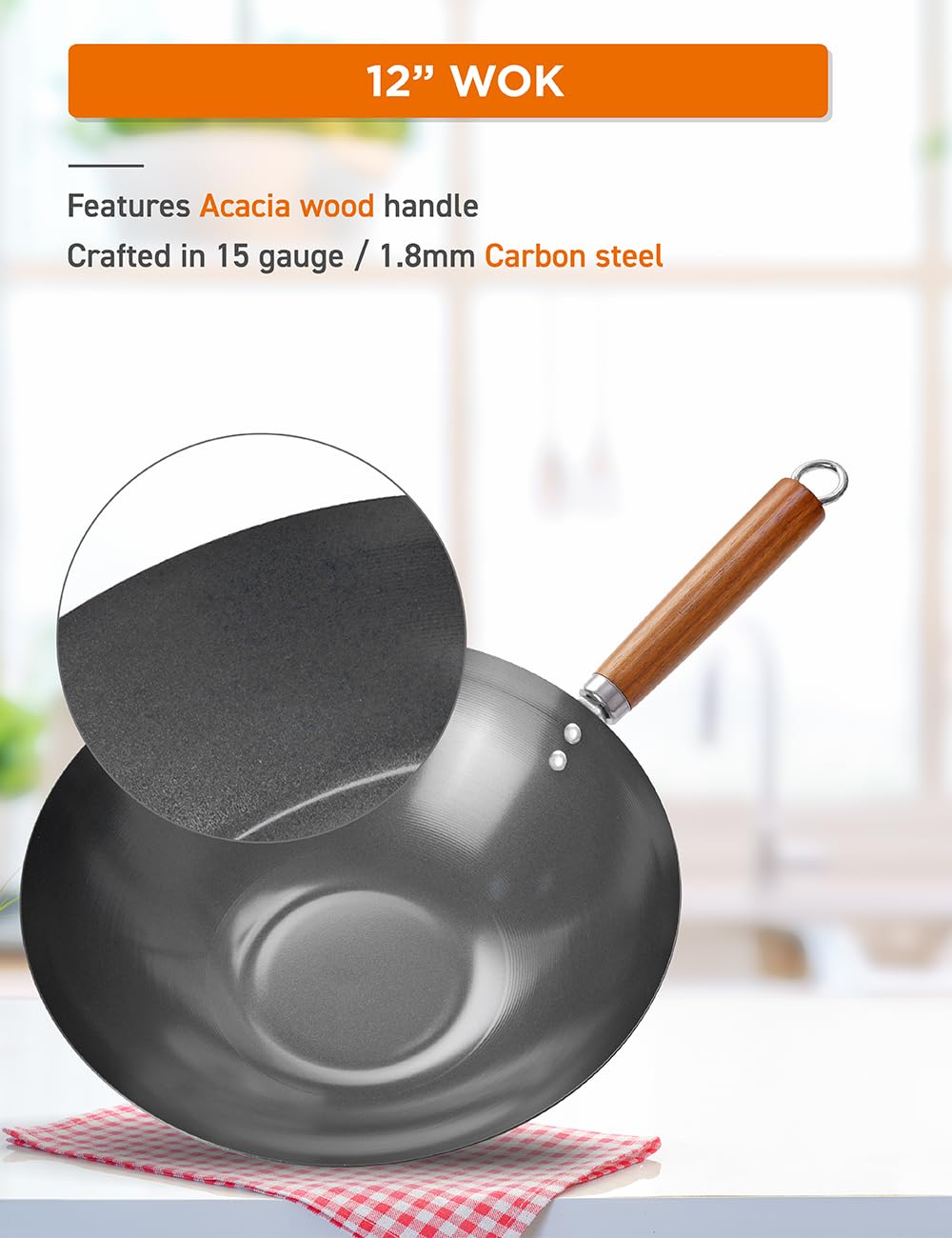 Commercial CHEF 12-Inch Carbon Steel Wok with Acacia Wood Handle - Non-Stick Ceramic Coated Stir Fry Pan - Safe for All Cooktops & Grills - Lighter & Cools Faster Than Cast Iron - Perfect for Asian Cooking, Stir-Frying & High-Heat Searing