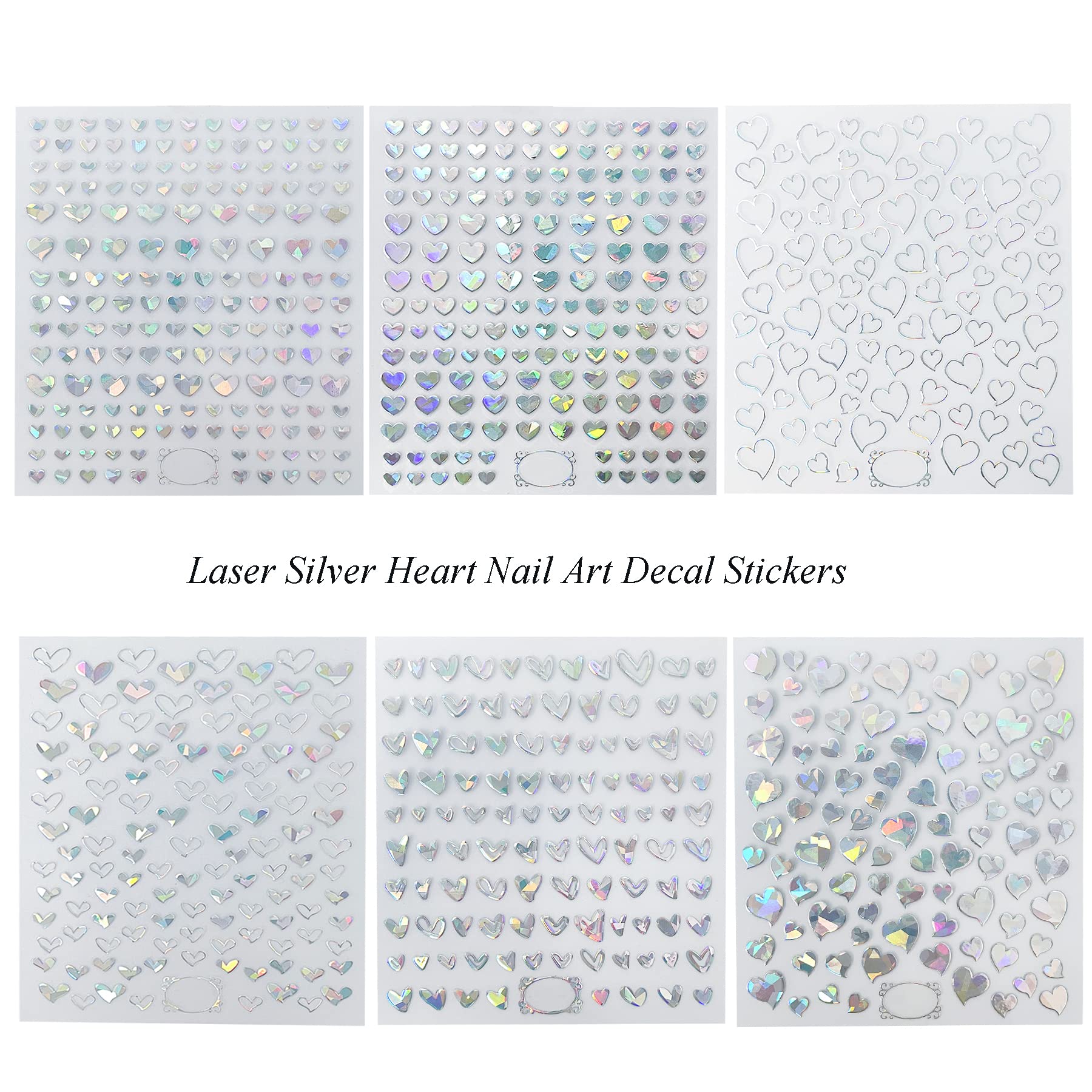 Laser Silver Hearts Nail Stickers - 3D Self-Adhesive Nail Art Decals for Women, Girls & Kids | Perfect for Nail Art Designs, Acrylic Nails & DIY Manicures | Great for Parties, Weddings & Special Occasions (6 Sheets)