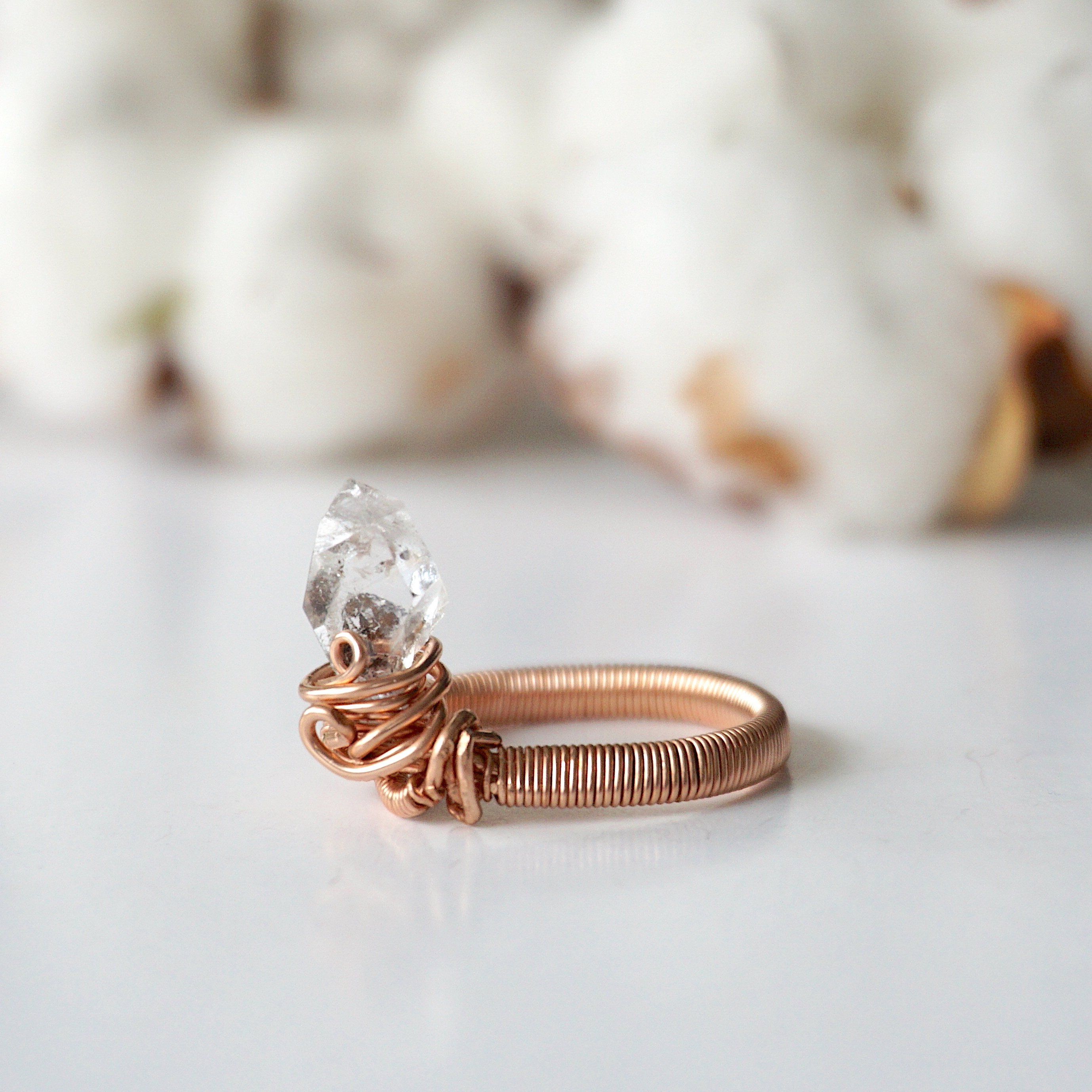 14K Rose Gold Herkimer Diamond Ring - Raw Natural Gemstone Jewelry for Women, Elegant Handmade Engagement & Wedding Band, Perfect for Everyday Wear & Special Occasions