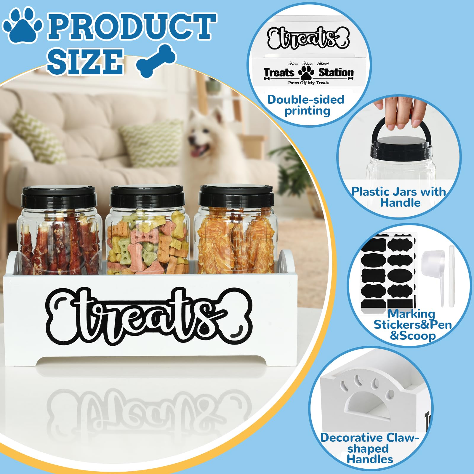 Farmhouse Style Dog & Cat Food Storage Container with 3 Plastic Jars - Airtight Pet Treat Organizer for Dog Treats, Cat Food & Kibble Storage - Perfect for Kitchen Counter, Pantry or Pet Feeding Station