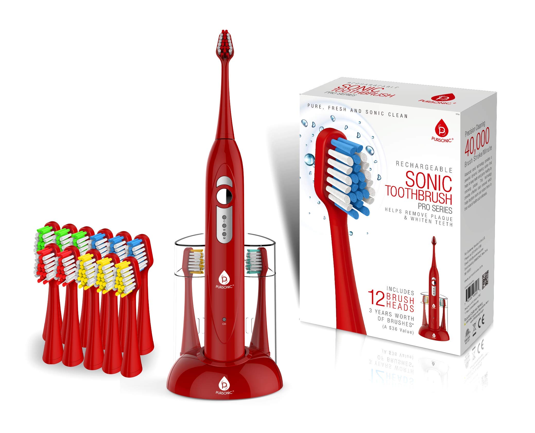 Pursonic S430 SmartSeries Rechargeable Electric Sonic Toothbrush with 12 Brush Heads - Red | Whitening, Deep Cleaning & Gum Care | Perfect for Travel & Home Use