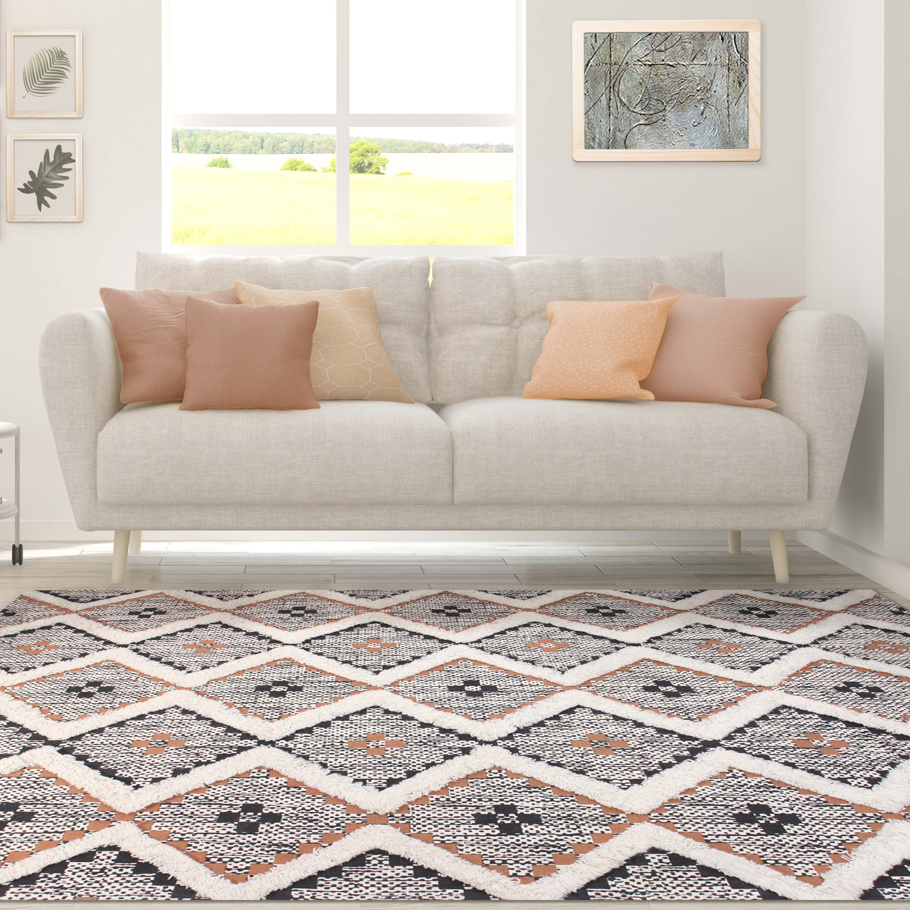 Hand Tufted Cotton Wool Geometric Farmhouse Area Rug - Soft Textured Boho Chic Rug for Living Room, Bedroom, Dining Room Decor