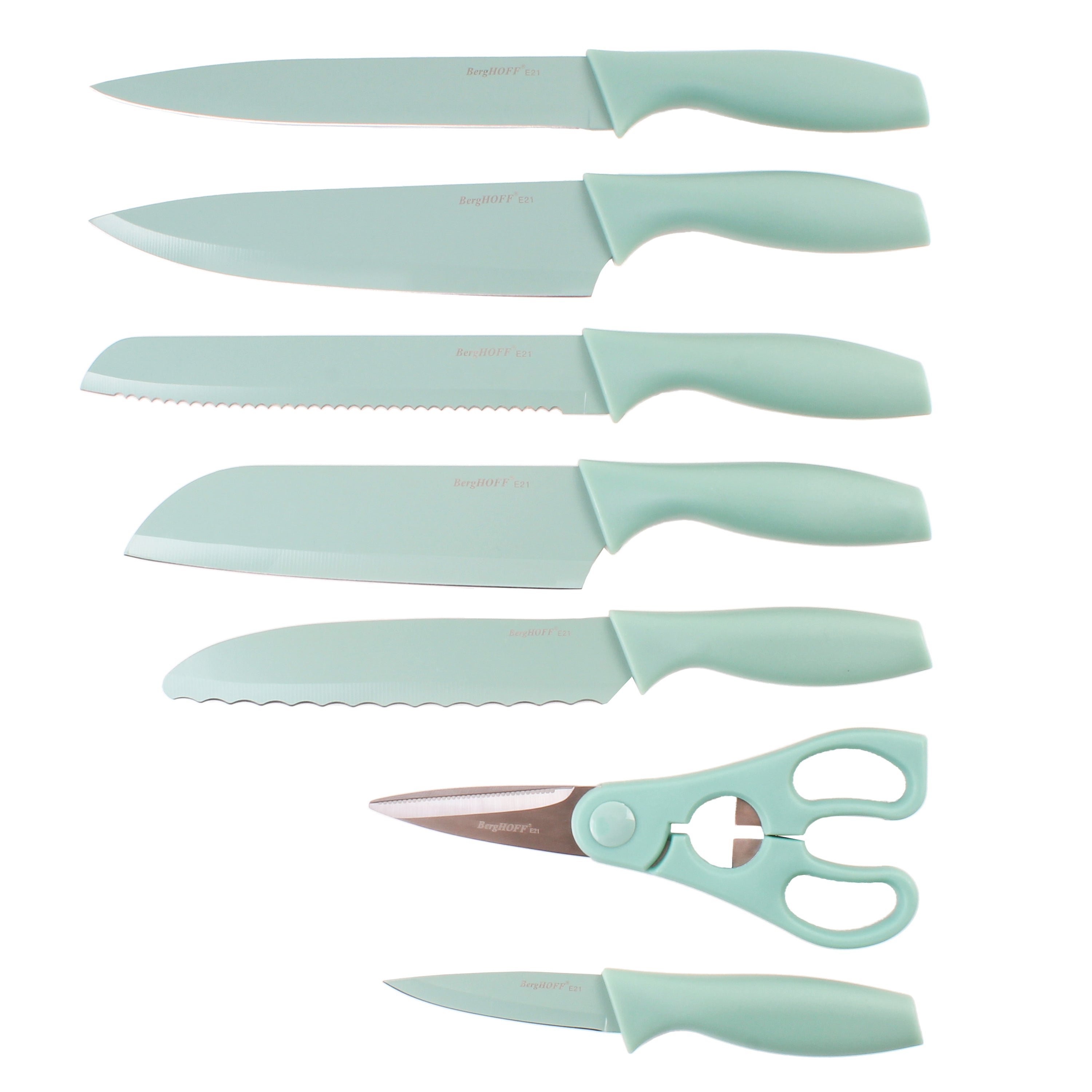BergHOFF Leo 8-Piece Stainless Steel Kitchen Knife Set with Universal Knife Block - Mint Green | Professional Chef Knives for Cooking, Slicing & Dicing | Perfect for Home Kitchens & Culinary Enthusiasts