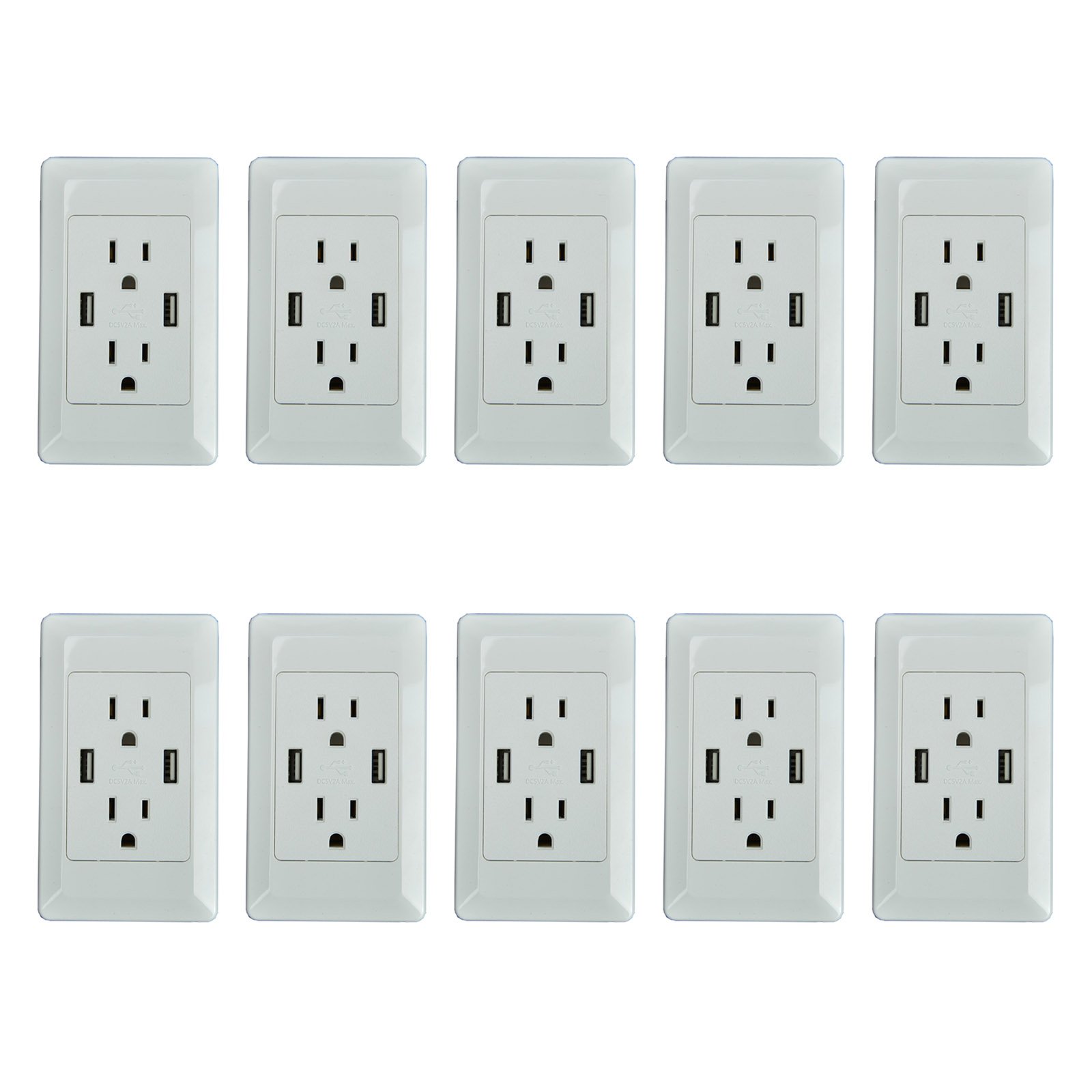 SuperInk 10-Pack White USB Outlet - 15A ETL Listed Dual USB Charger with Duplex Receptacle, 2A Fast Charging Wall Plate Socket Adapter - Perfect for Home, Office & Hotel Room Charging Stations