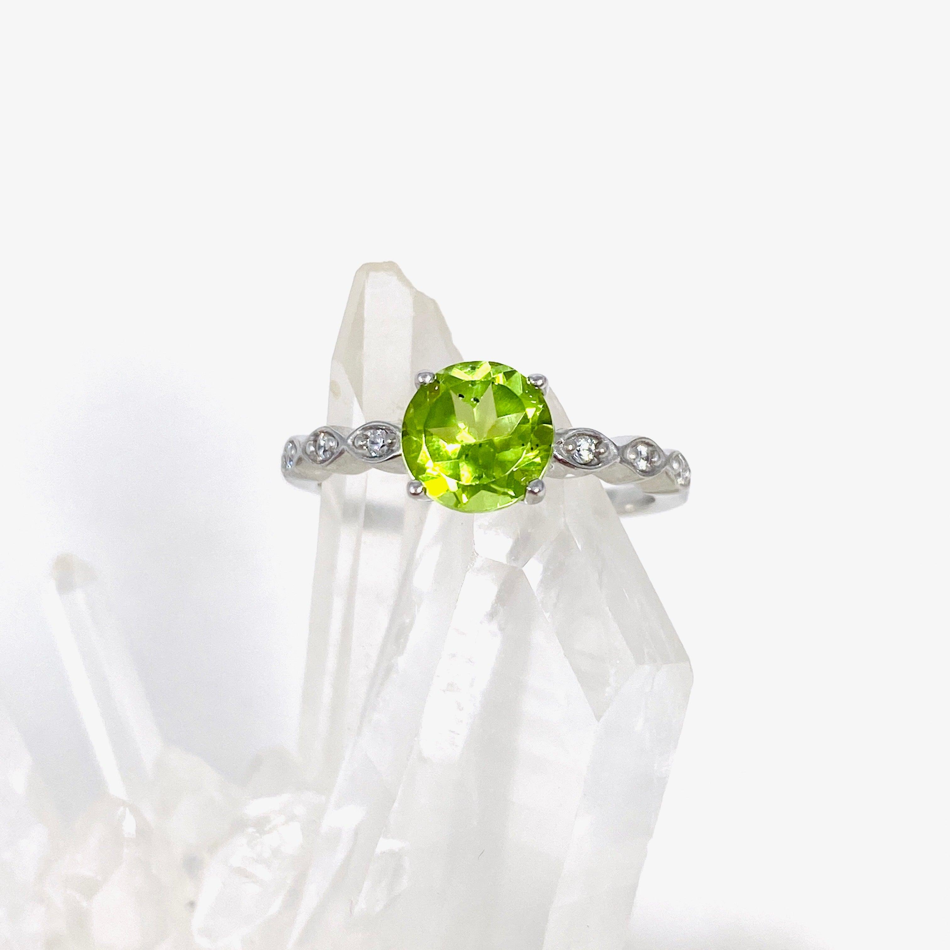 Peridot Round Faceted Ring with CZ Stones - 925 Sterling Silver Jewelry for Women - Perfect for Engagement, Wedding & Everyday Wear