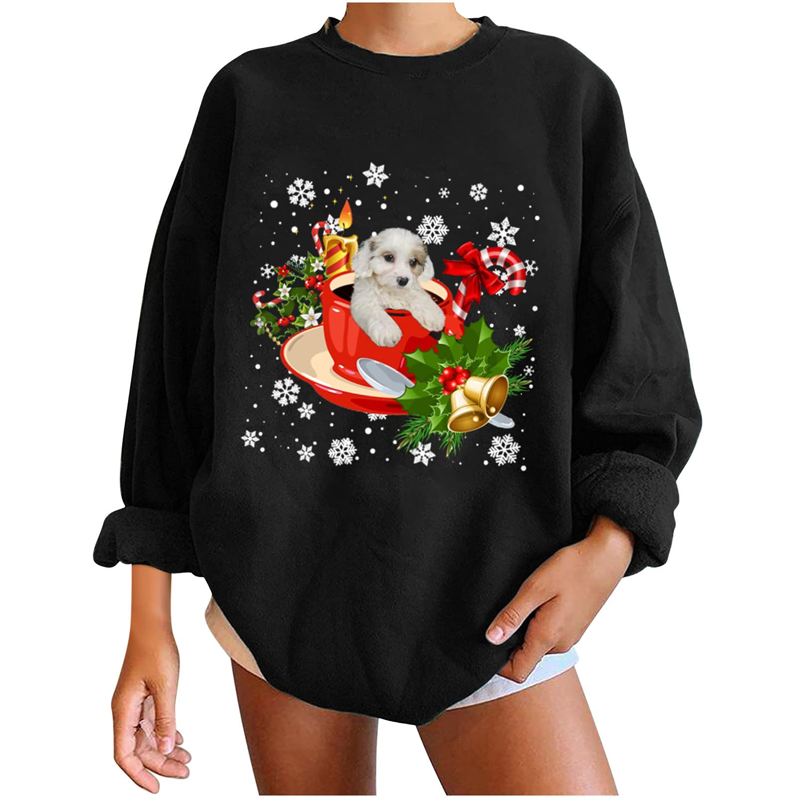 Women's Christmas Crewneck Sweatshirt - Cute Dog Graphic Long Sleeve Pullover Top - Soft & Loose Holiday Blouse - Perfect for Xmas Parties, Family Gatherings & Cozy Winter Days