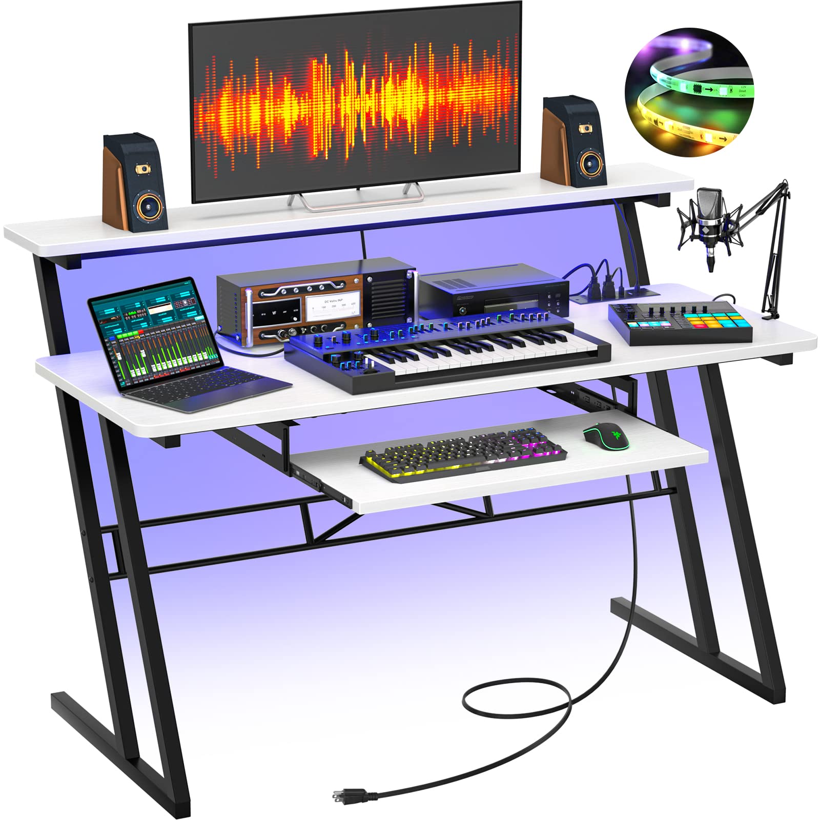 Armocity Music Studio Desk with Power Outlets & RGB LED Lights - Professional Recording Studio Workstation for Music Producers, DJs & Home Studios - Matte White Finish for Modern Music Production Setup
