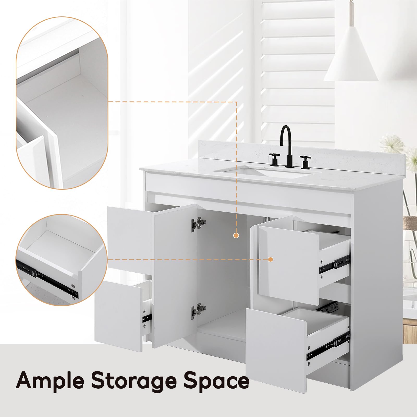 48 Inch White Bathroom Vanity with Sink Combo - Undermount Stone Top & Ceramic Sink, Thick Wood Cabinet with Soft Closing Doors & Drawers - Perfect for Modern Bathrooms, Master Bath Suites & Home Renovations