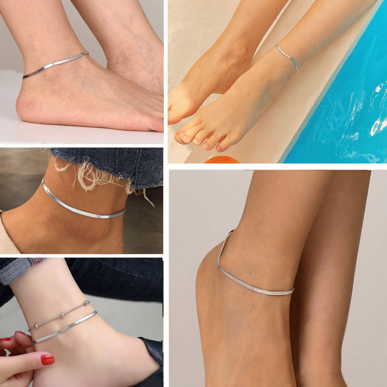 Sterling Silver Ankle Bracelets for Women - Adjustable 8.6-10.6