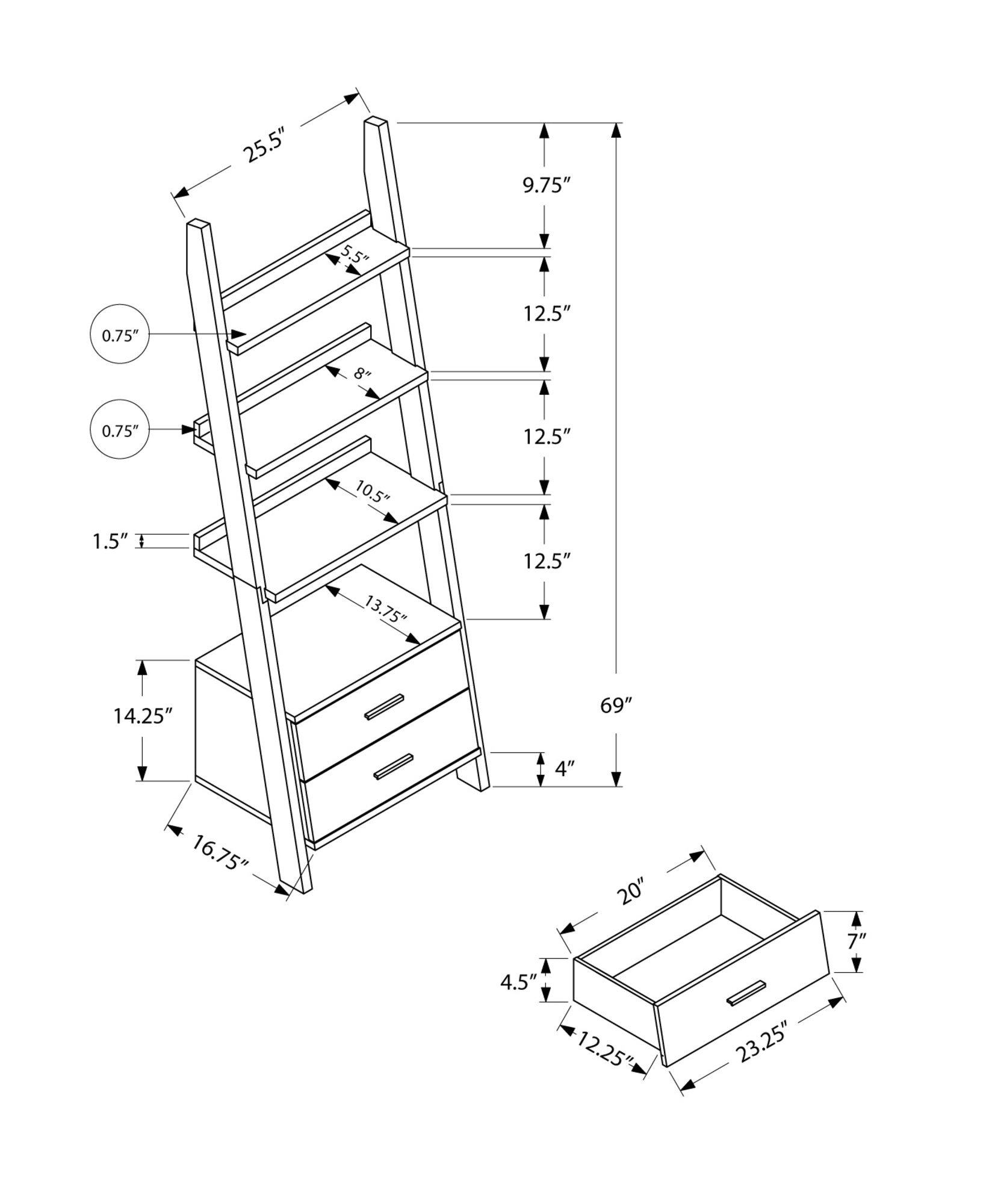 Modern Cappuccino Ladder Bookcase with 2 Storage Drawers - 69 Inch Tall Bookshelf for Living Room, Bedroom & Office Organization