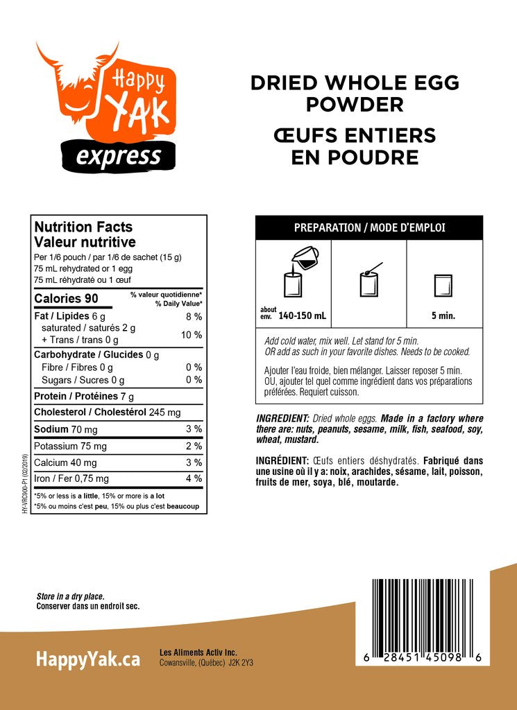 Happy Yak Whole Egg Powder - 100% Pure, Non-GMO, High Protein for Baking & Cooking | Perfect for Camping, Emergency Food & Protein Shakes