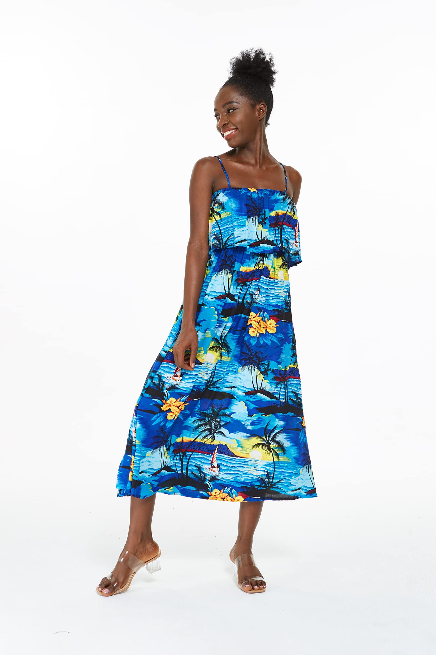 Hawaiian Maxi Dress for Women - Floral Hibiscus Print with Ruffle Trim | Perfect for Luau Parties, Beach Vacations & Summer Weddings