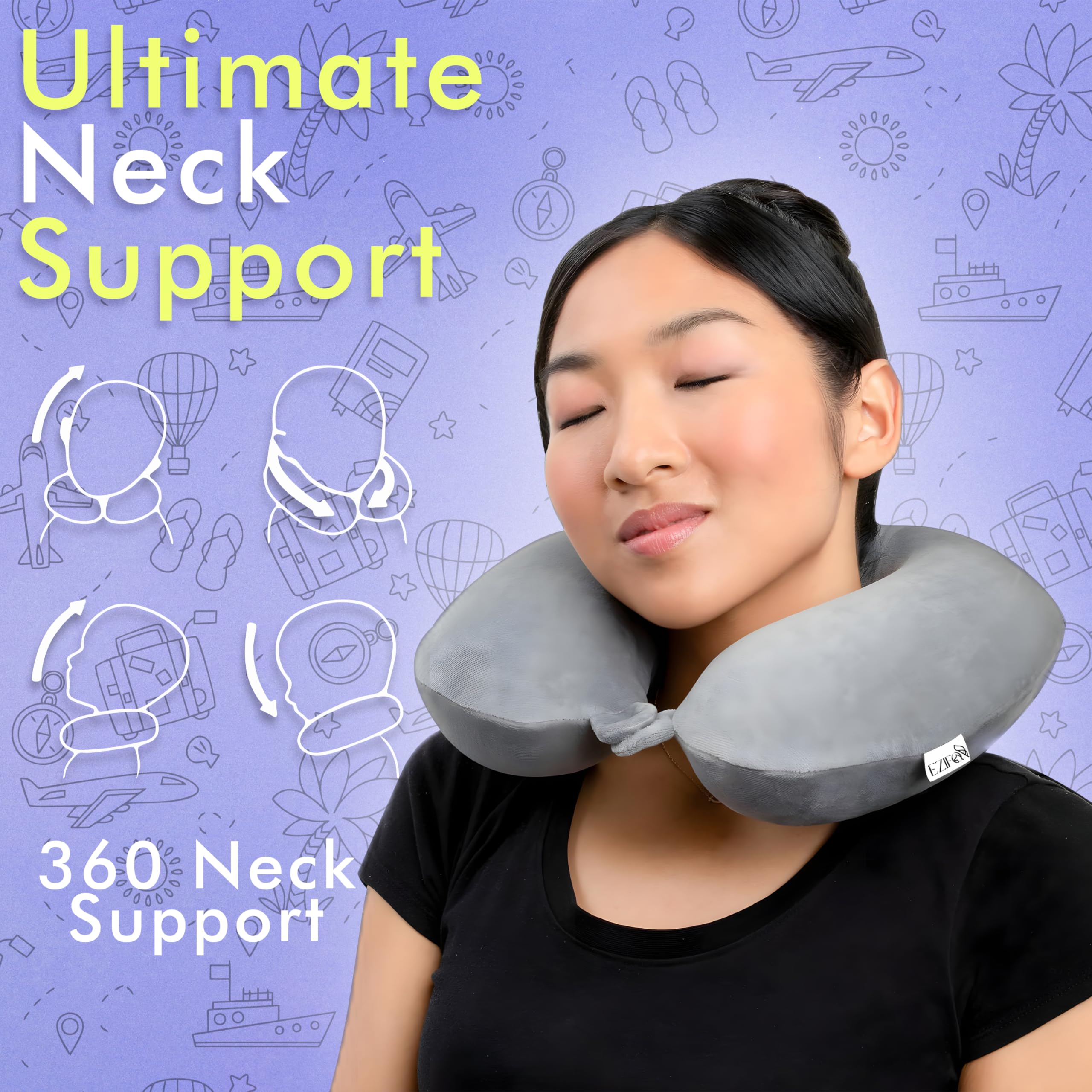 Ezifox Travel Neck Pillow with Sleep Eye Mask Set - Memory Foam Support for Airplane, Car & Train - Grey Comfort Pillow for Men & Women - Perfect for Long Flights, Road Trips & Commuting - 3 Year Warranty