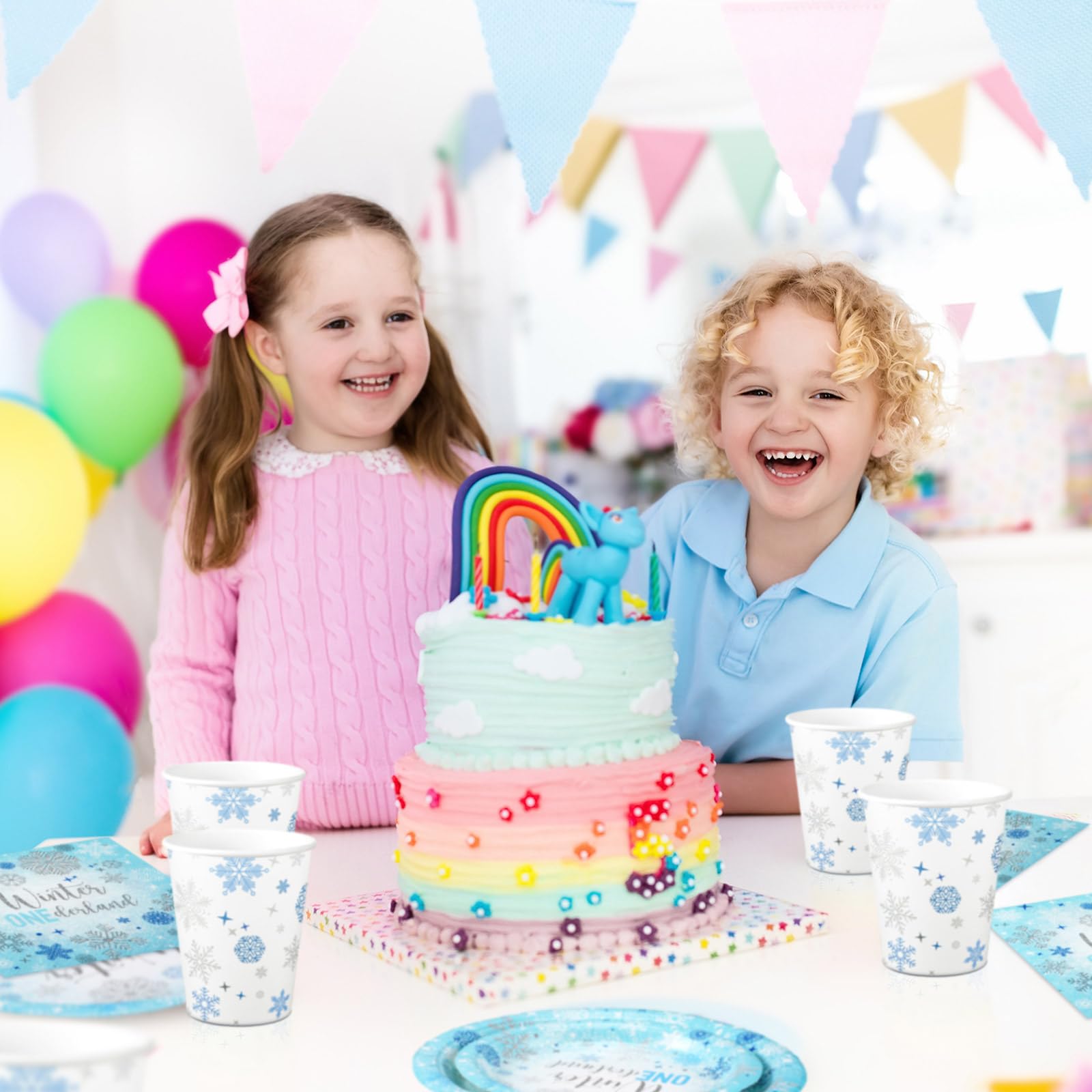 Domensi Winter Onederland First Birthday Party Decorations Set - 82pcs Snowflake Themed Tableware Kit with Tablecloths, Paper Plates, Napkins & Cups for Girls & Boys 1st Birthday (Blue) - Perfect for 20 Guests Winter Wonderland Celebrations