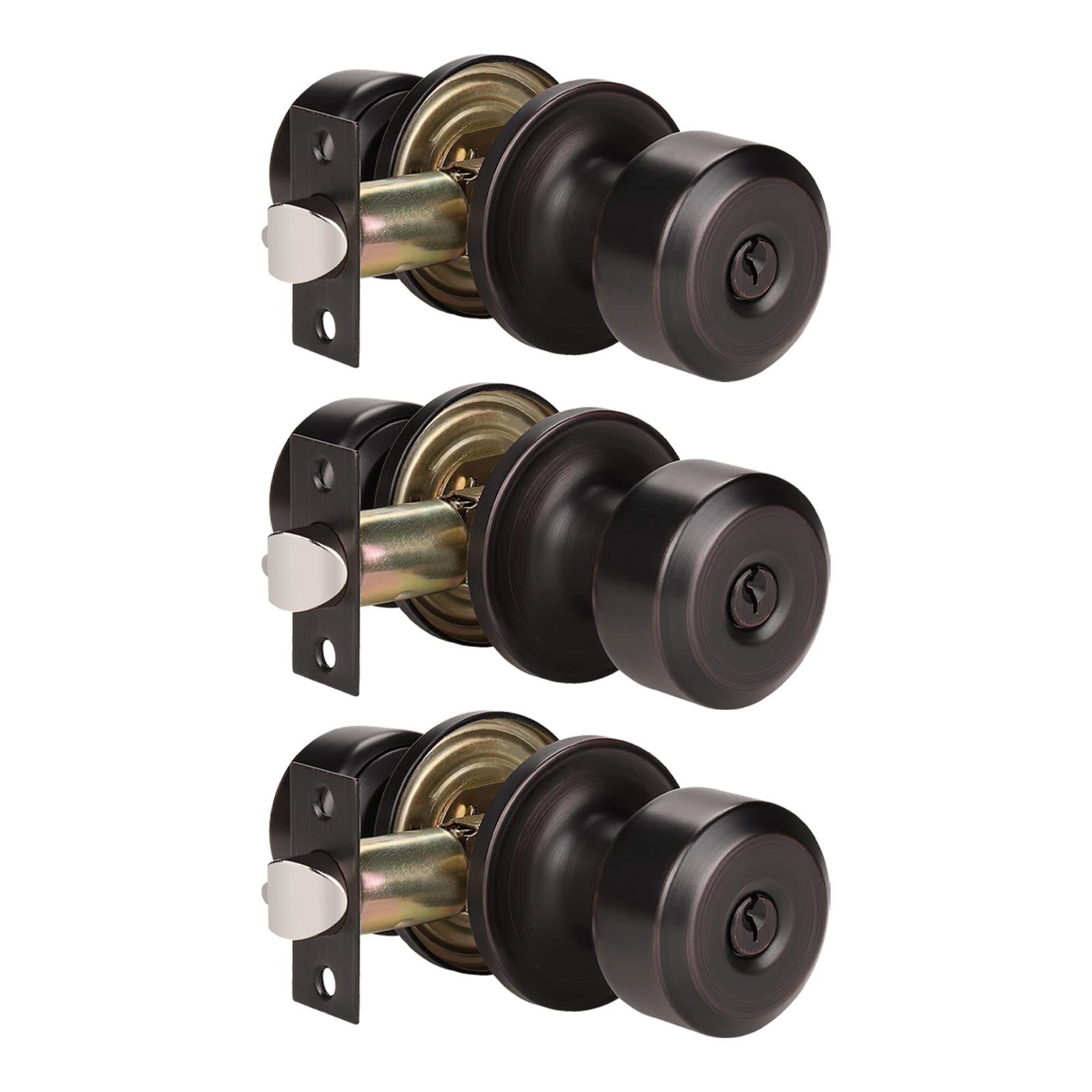 KNOBWELL 3 Pack Keyed Entry Door Knob Set with Lock - Interior & Exterior Keyed Alike Door Handles - Oil Rubbed Bronze & Stainless Steel Front Door Knobs for Home Security | Perfect for Front Doors, Bedrooms, Offices & Rental Properties
