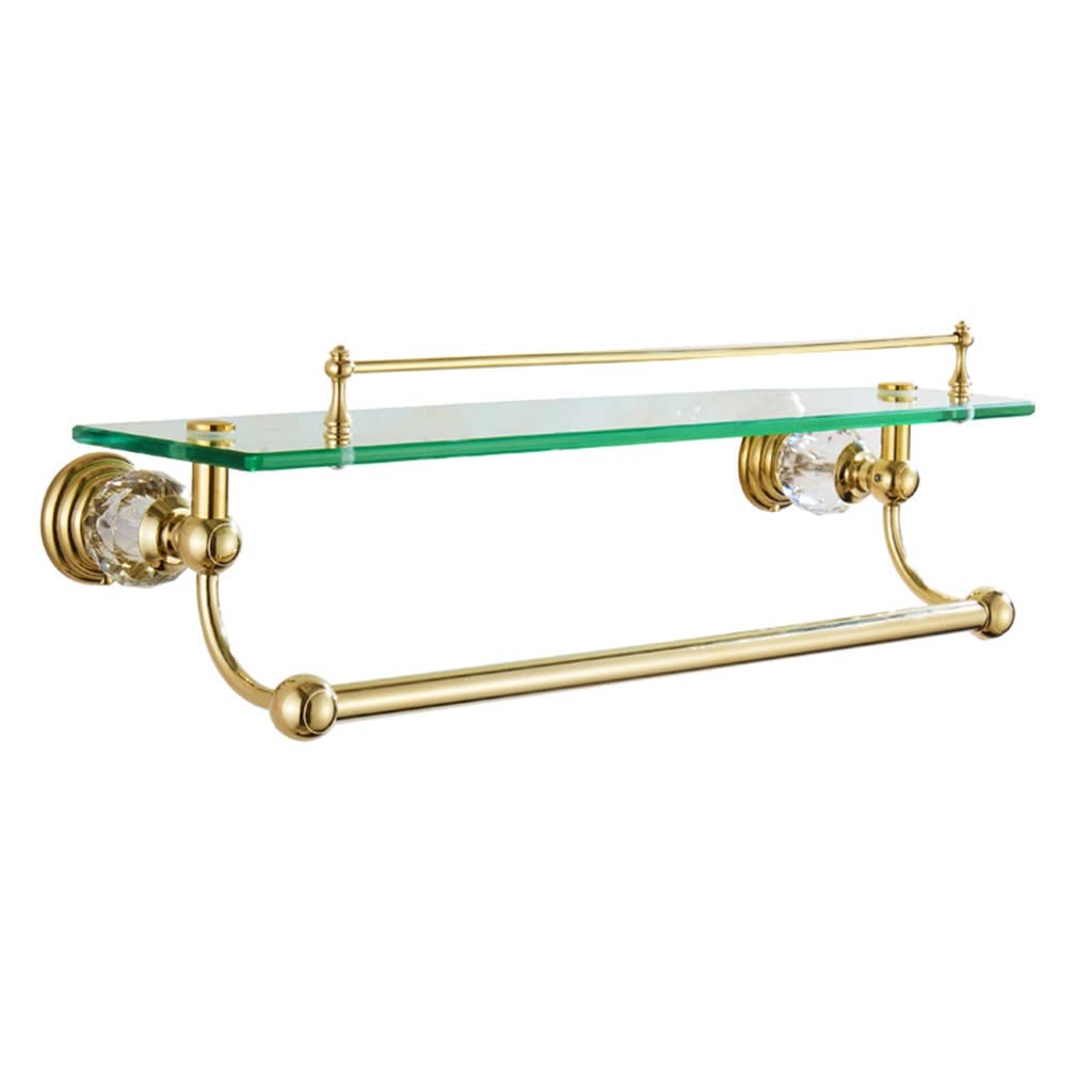 Premium Tempered Glass Bathroom Shelf with Towel Bar - 1-2 Layer Wall Mounted Shower Storage Organizer - Holds 20 lbs - Clear Gold Finish - 19.7