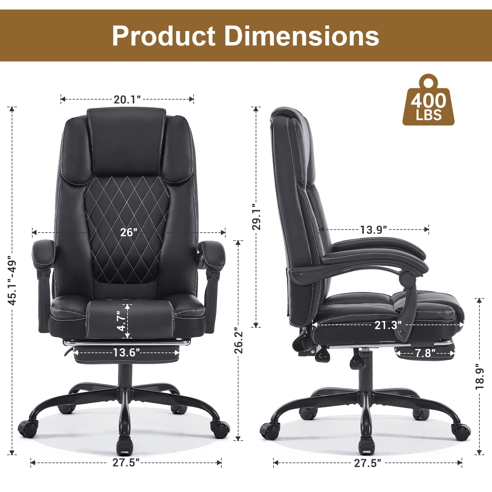 Ergonomic Big and Tall Executive Office Chair with Footrest - High Back Reclining Leather Desk Chair with Lumbar Support, Swivel & Wheels - Perfect for Home Office, Gaming & Computer Work (Black)