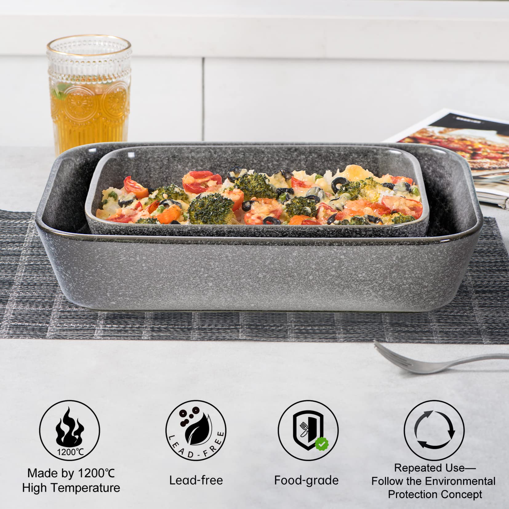UNICASA 9x13 Inch Ceramic Casserole Dish Set of 3 - Oven Safe Baking Pans for Lasagna, Cakes & Dinner | Durable Bakeware for Cooking, Banquets & Family Meals (Gray)