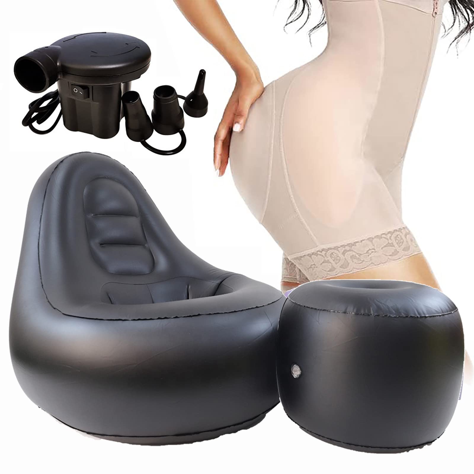 **ThickValley Inflatable BBL Chair with Hole - Post-Surgery Brazilian Butt Lift Recovery Pillow & Ottoman Set, Includes Air Pump (Black) - Perfect for Comfortable Sitting After BBL Surgery**