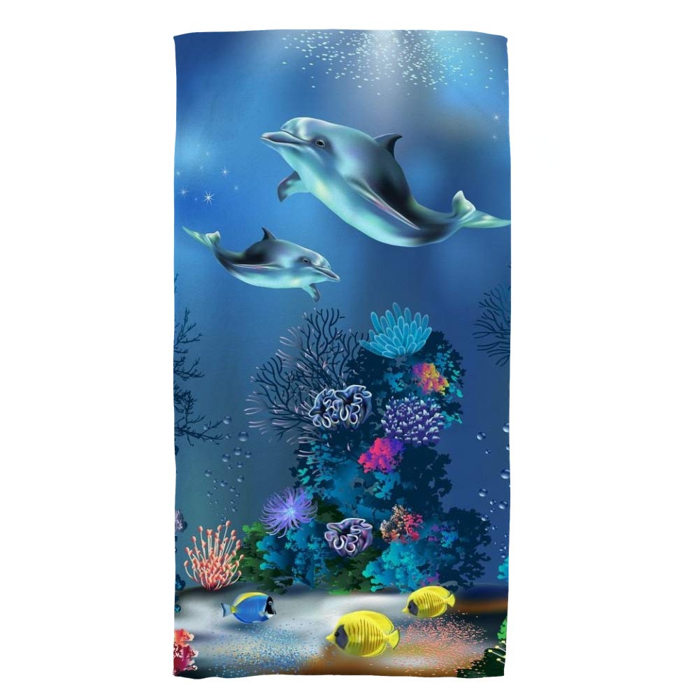 Premium Terry Cotton Face Towels & Washcloths - Soft, Quick Dry 30x15 Inch - Underwater World Dolphins & Plants Design - Perfect for Bath, Spa, Kitchen & Home Decor - Great Gift Idea