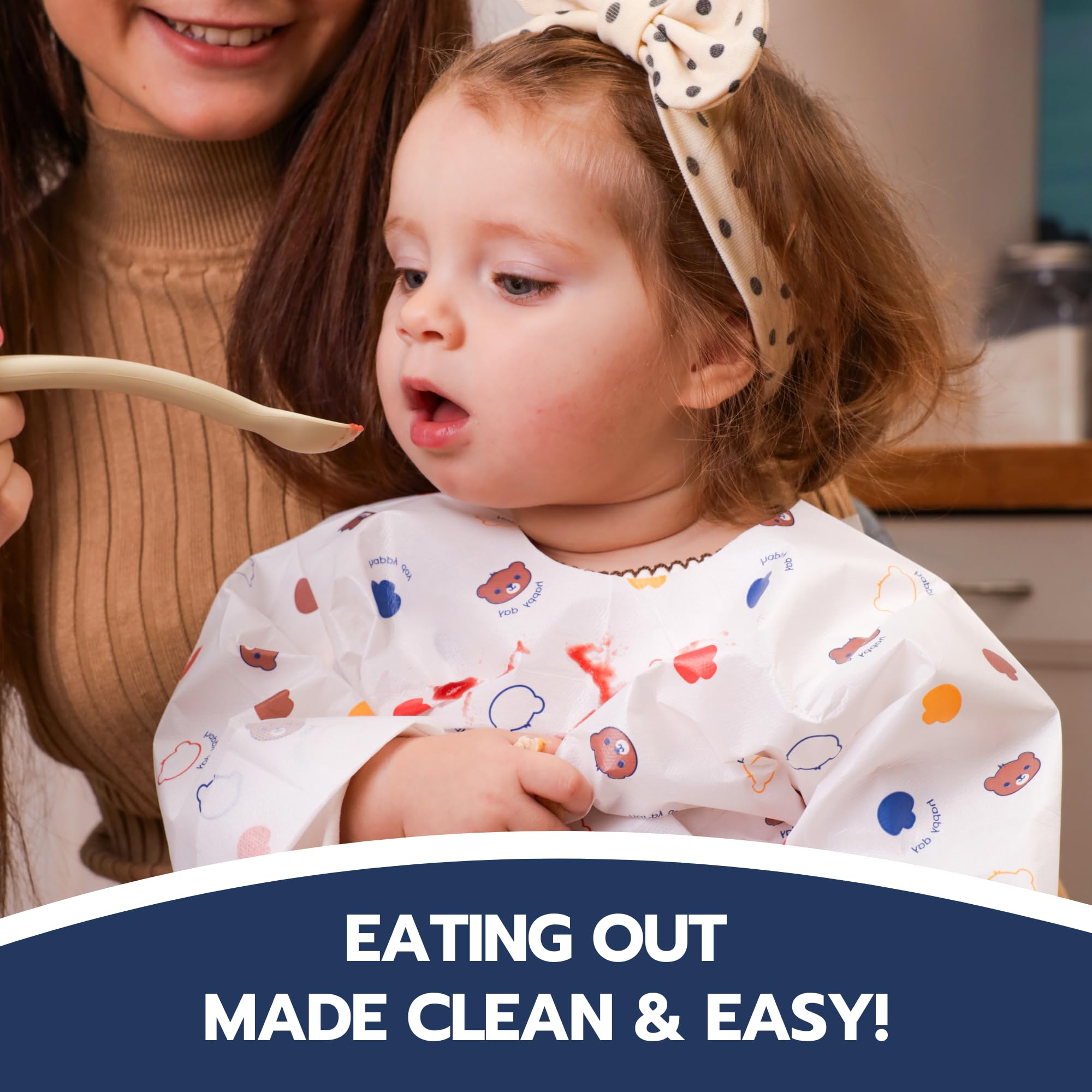 Waterproof Disposable Baby Bibs with Long Sleeves & Crumb Catcher - Individually Wrapped 10 Pack for Messy Meals, Travel & Daycare Use