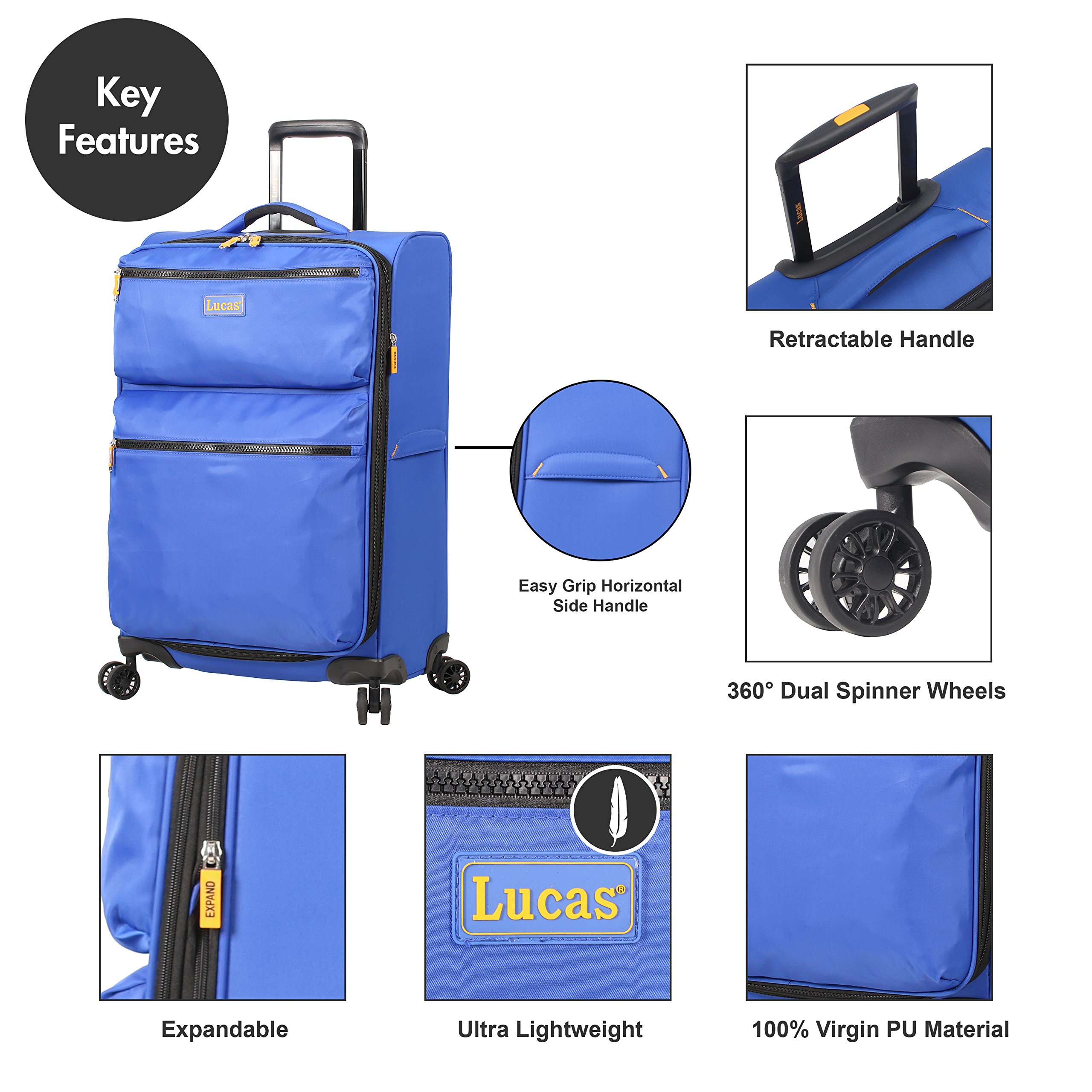 Lucas Designer Expandable 24 Inch Softside Luggage - Ultra Lightweight Durable Checked Suitcase with 8 Spinner Wheels for Travel, Royal Blue | Perfect for Business Trips & Family Vacations
