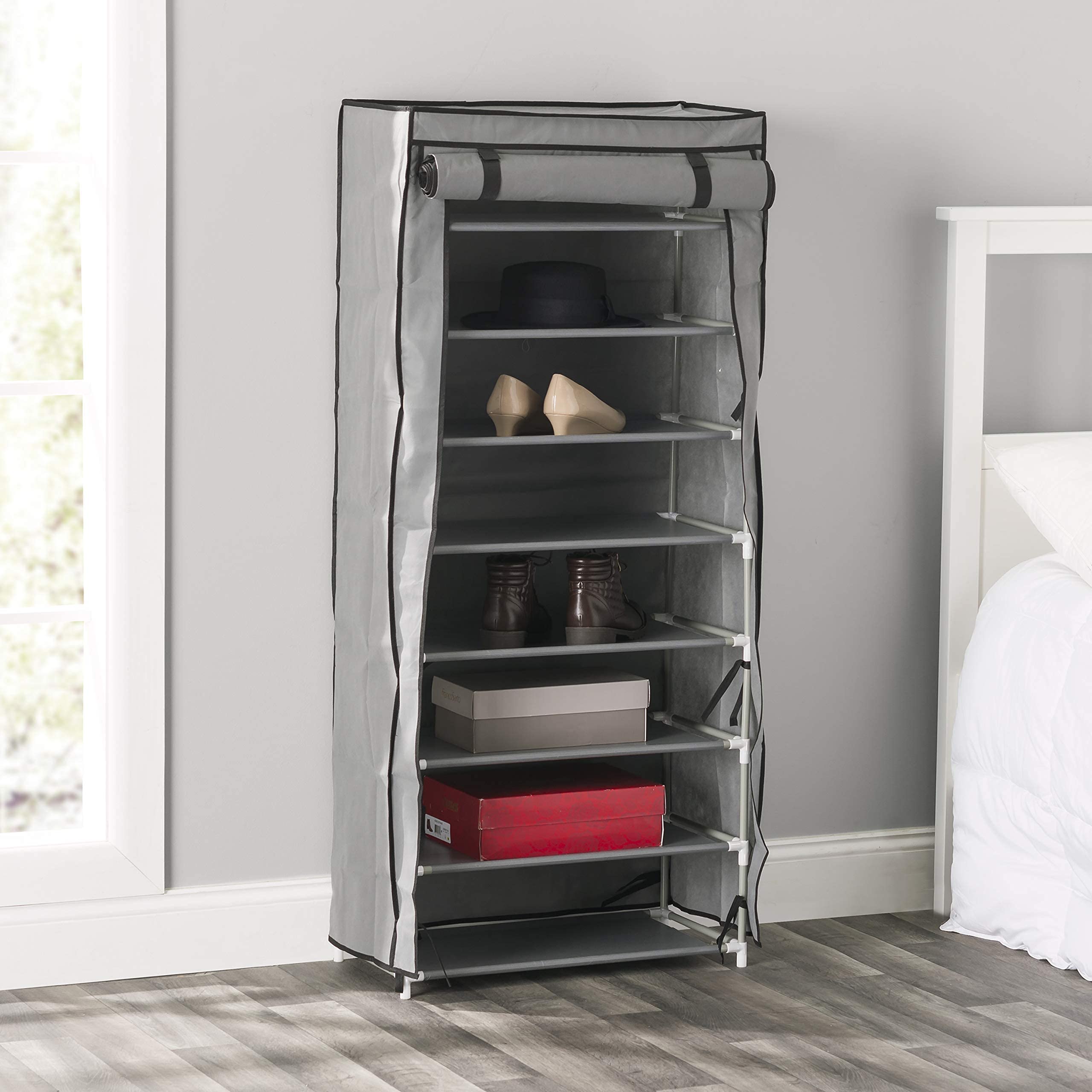 Sunbeam 7-Tier Portable Wardrobe Storage Closet - Heavy Duty Non-Woven Shoe Rack & Clothing Organizer with Roll-Down Cover (Grey) - Fits 24 Pairs of Shoes - Perfect for Bedroom, Closet, Dorm Room & Small Space Organization