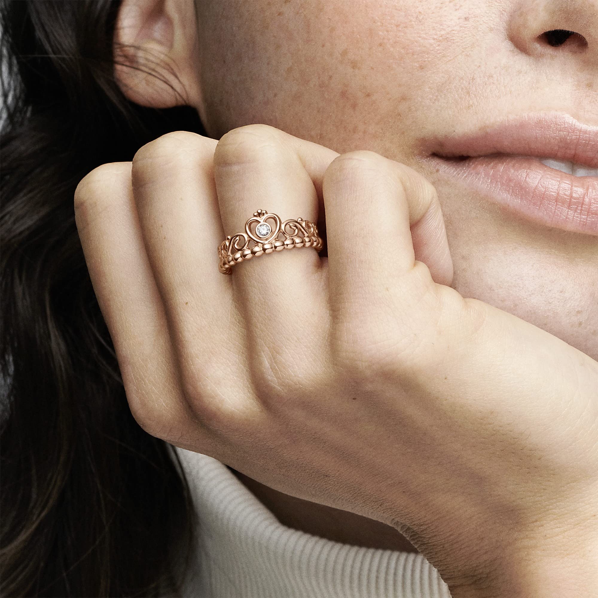 Pandora Princess Tiara Crown Ring for Women - 14k Rose Gold Plated Cubic Zirconia Ring - Size 5 - Elegant Gift for Her, Birthday, Anniversary, Valentine's Day - Perfect for Parties, Weddings, and Special Occasions
