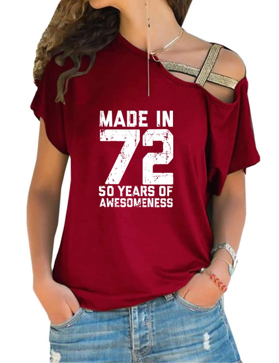 72 Print T-Shirt | 50th Birthday Gift for Women | Off Shoulder Blouse | Casual Summer Top | Perfect for Parties, Beach Outings & Birthday Celebrations