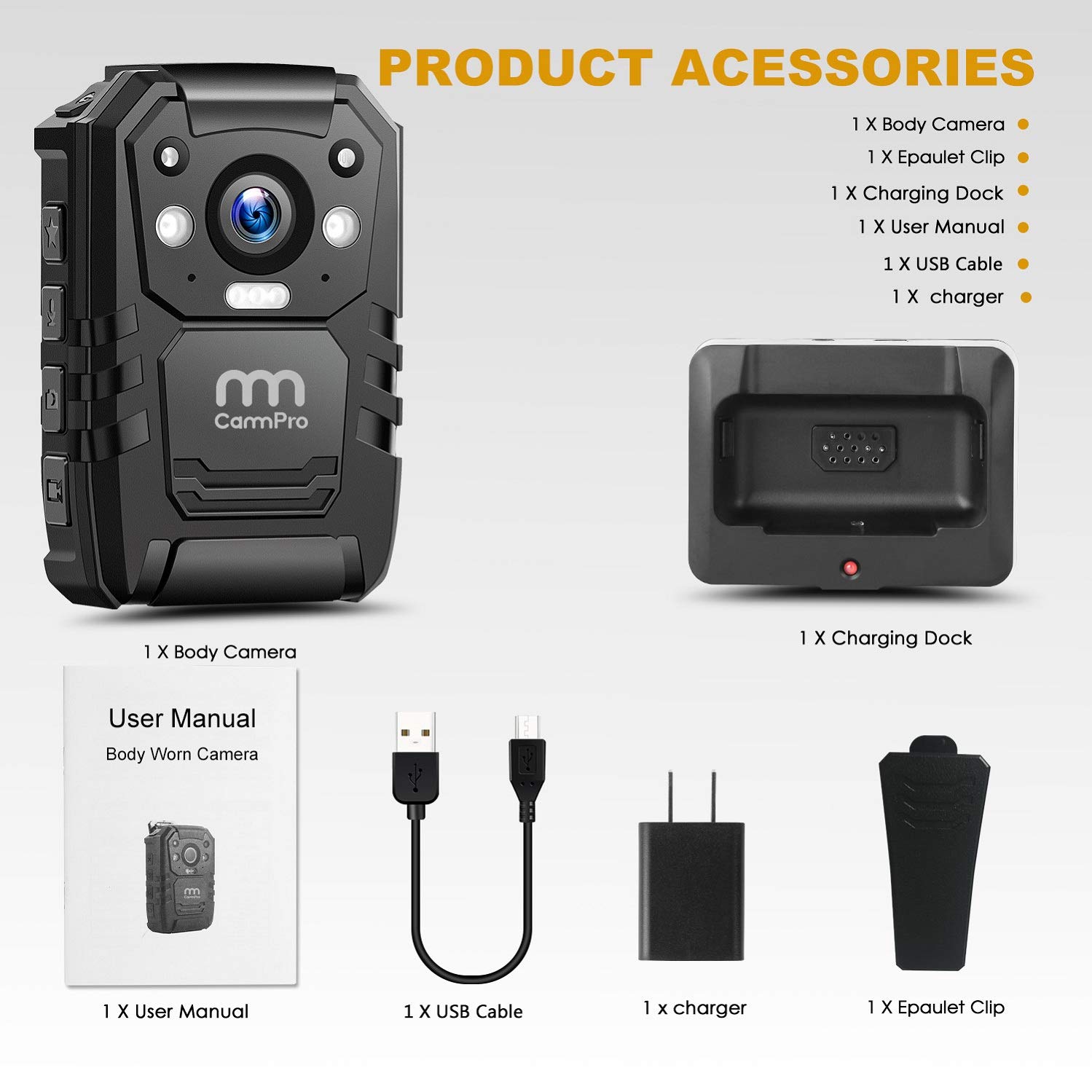 CammPro 1440P 2K Police Body Camera with 128GB Memory, Waterproof Wearable Camera with Audio Recording, Night Vision & GPS - Ideal for Law Enforcement, Security Patrols, and Evidence Collection