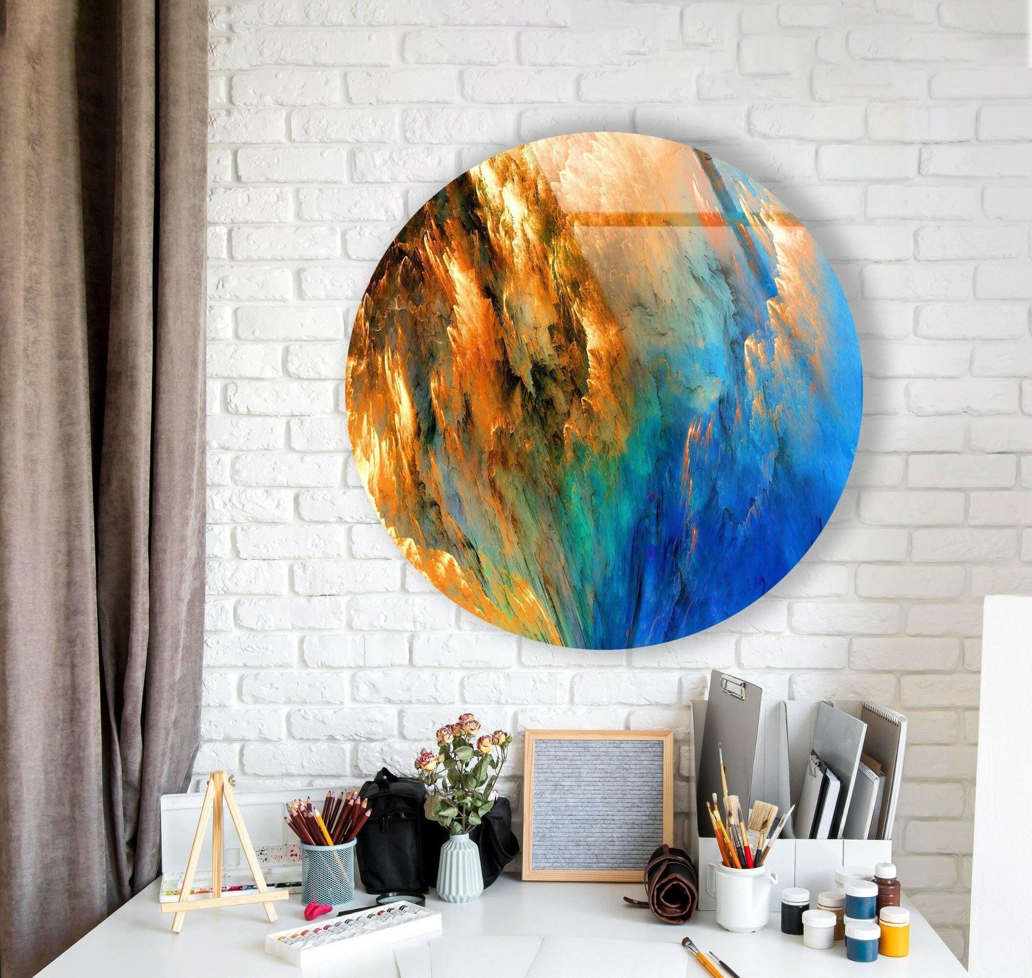 Blue & Orange Abstract Round Glass Wall Art Decor - Modern Handmade Glass Mosaic for Living Room, Bedroom, Office & Dining Area