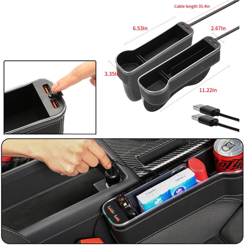 7 Color Changing LED Car Seat Gap Filler Organizer with Cup Holder & USB Fast Charger - 2 Pack Front Seat Storage Box with Flashlight (Blue/Red/Green/Black) - Perfect for Road Trips, Commuting & Keeping Your Car Organized